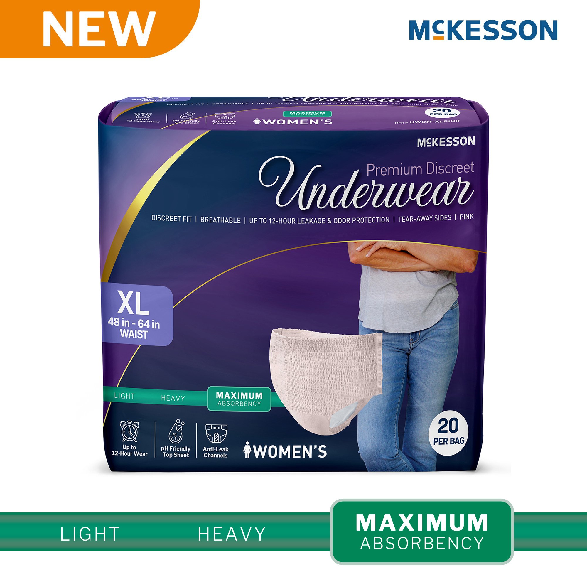 McKesson Brand UWDM-XLPINK - McKesson Premium Discreet Underwear for Women, Maximum Absorbency, Extra-Large - 20/Bag, 80/Case