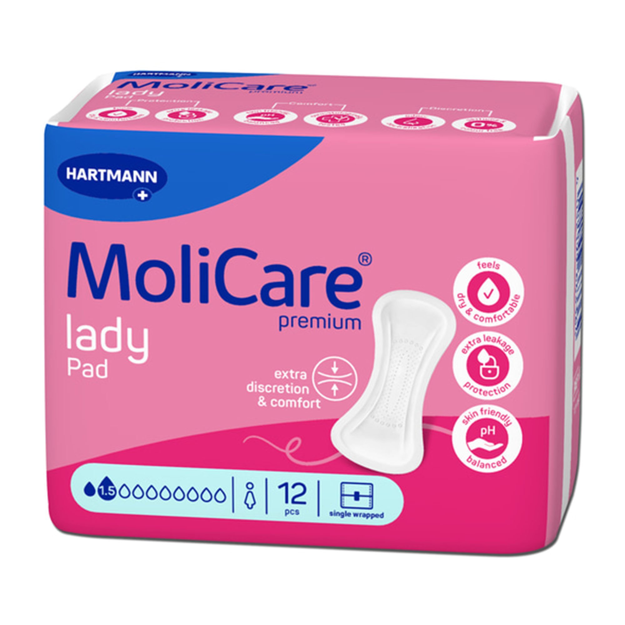 Hartmann 168036 - MoliCare® Premium lady pad 1.5 Drops for Light Incontinence, 9 x 27 Centimeter - 12/Bag, 192/Case