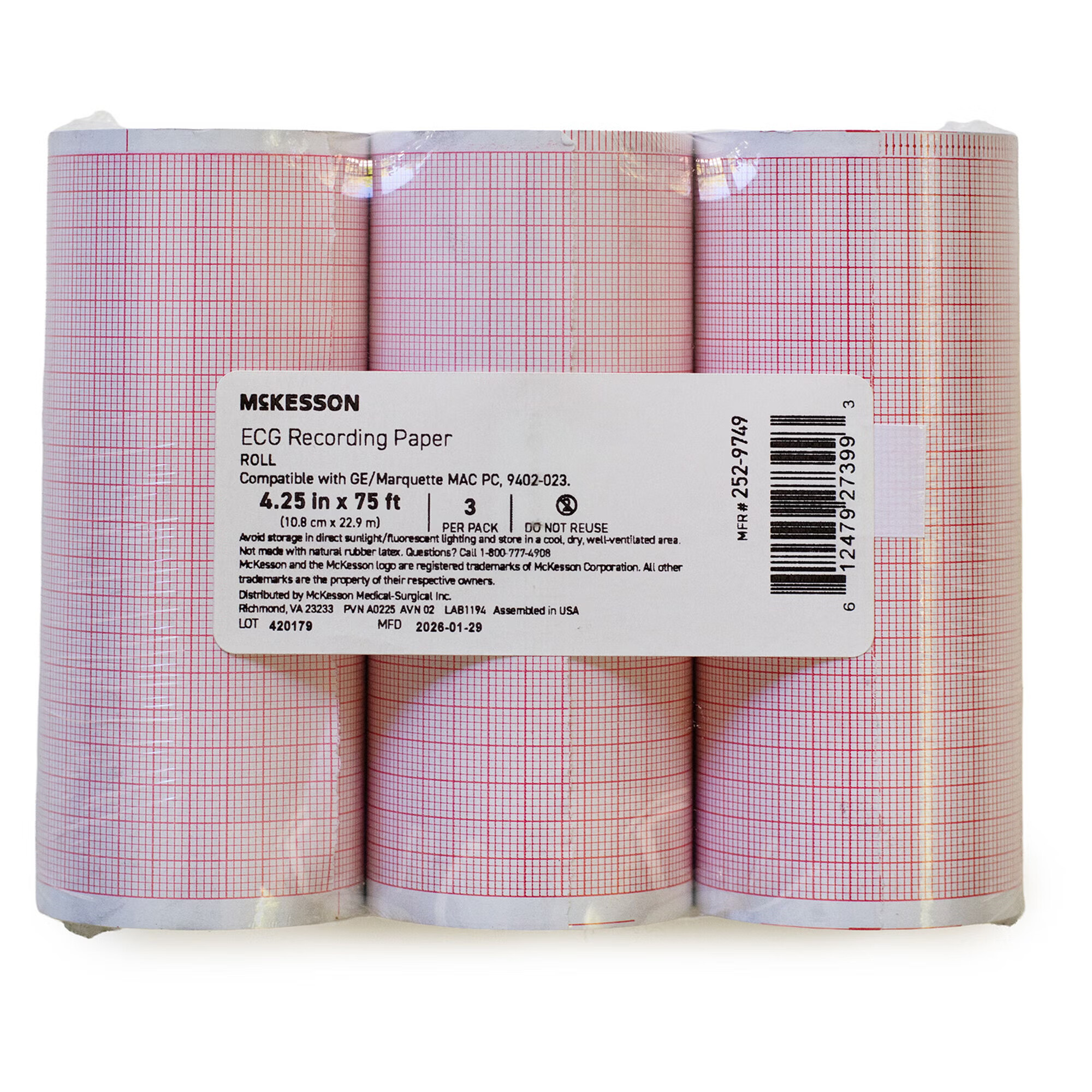 McKesson Brand - 252-9749 Recording Chart Paper McKesson Roll Red Grid