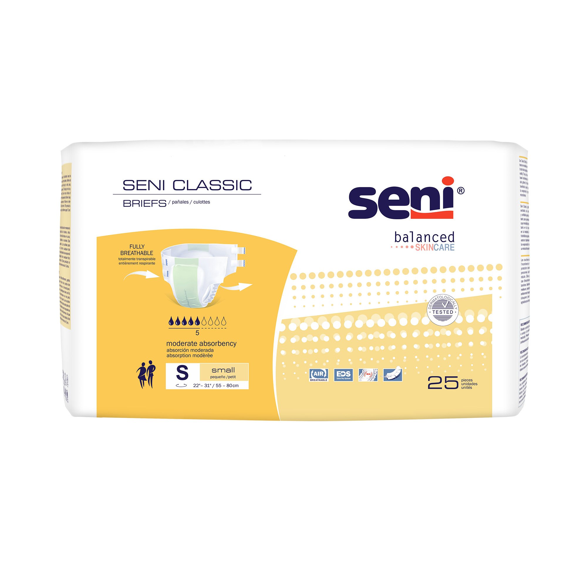 TZMO USA Inc S-SM25-BC1 - Seni Classic Incontinence Briefs for Men and Women, Moderate Absorbency, Small - 25/Pack, 100/Case
