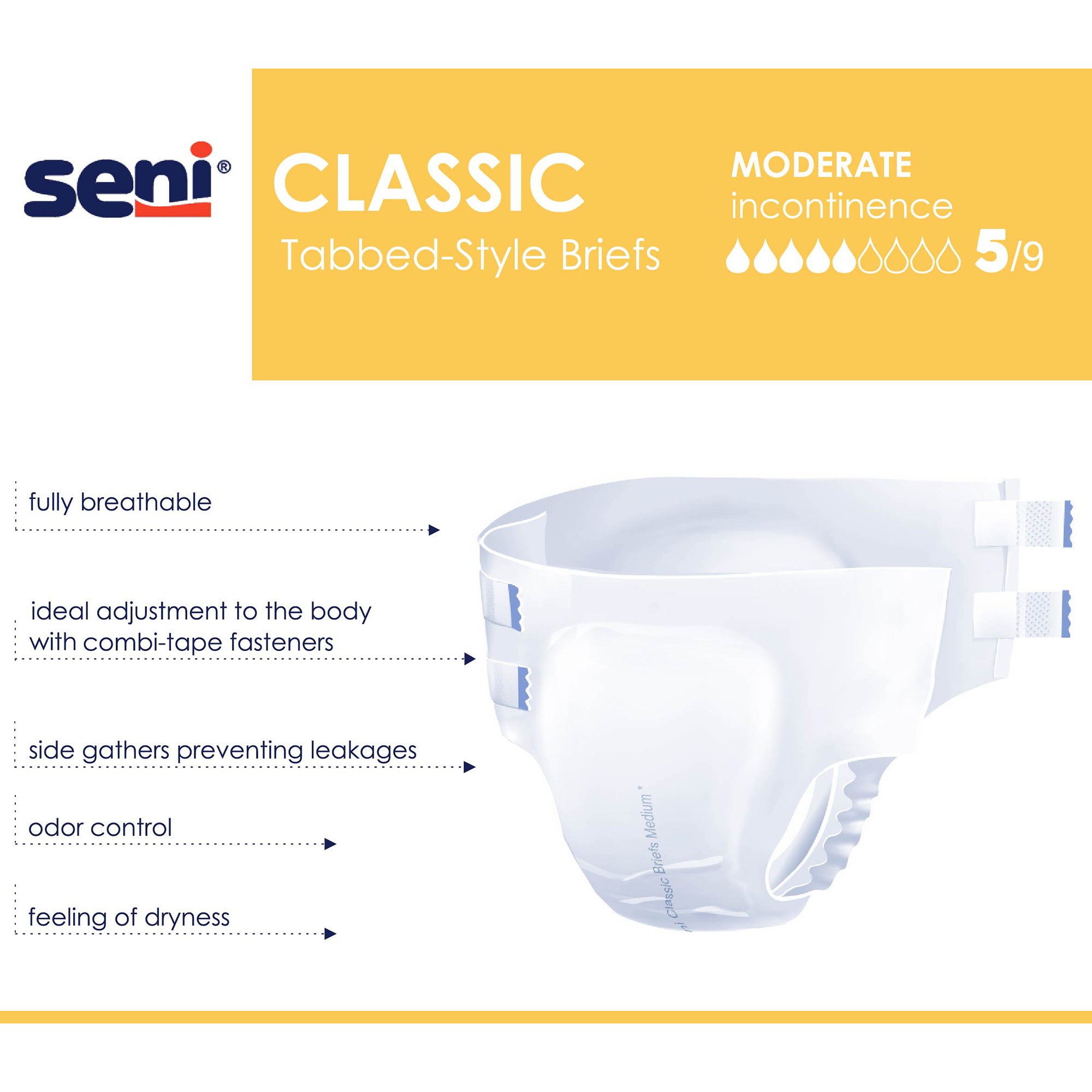 TZMO USA Inc S-LA25-BC1 - Seni Classic Incontinence Briefs for Men and Women, Moderate Absorbency, Large - 25/Pack, 100/Case