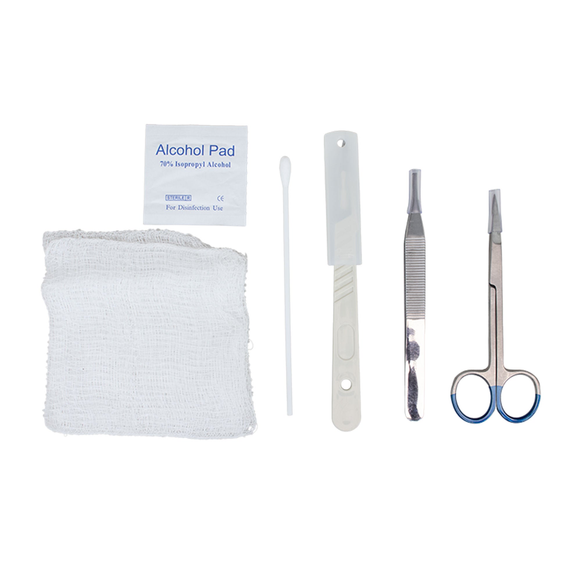Dynarex - 4150 Debridement Kit Dynarex (1) Cotton Tip Applicator, (1) #11 Scalpel, (1) Iris Scissors, (2) Gauze Pads, (1) Adson Forceps, (1) Alcohol Prep Pad