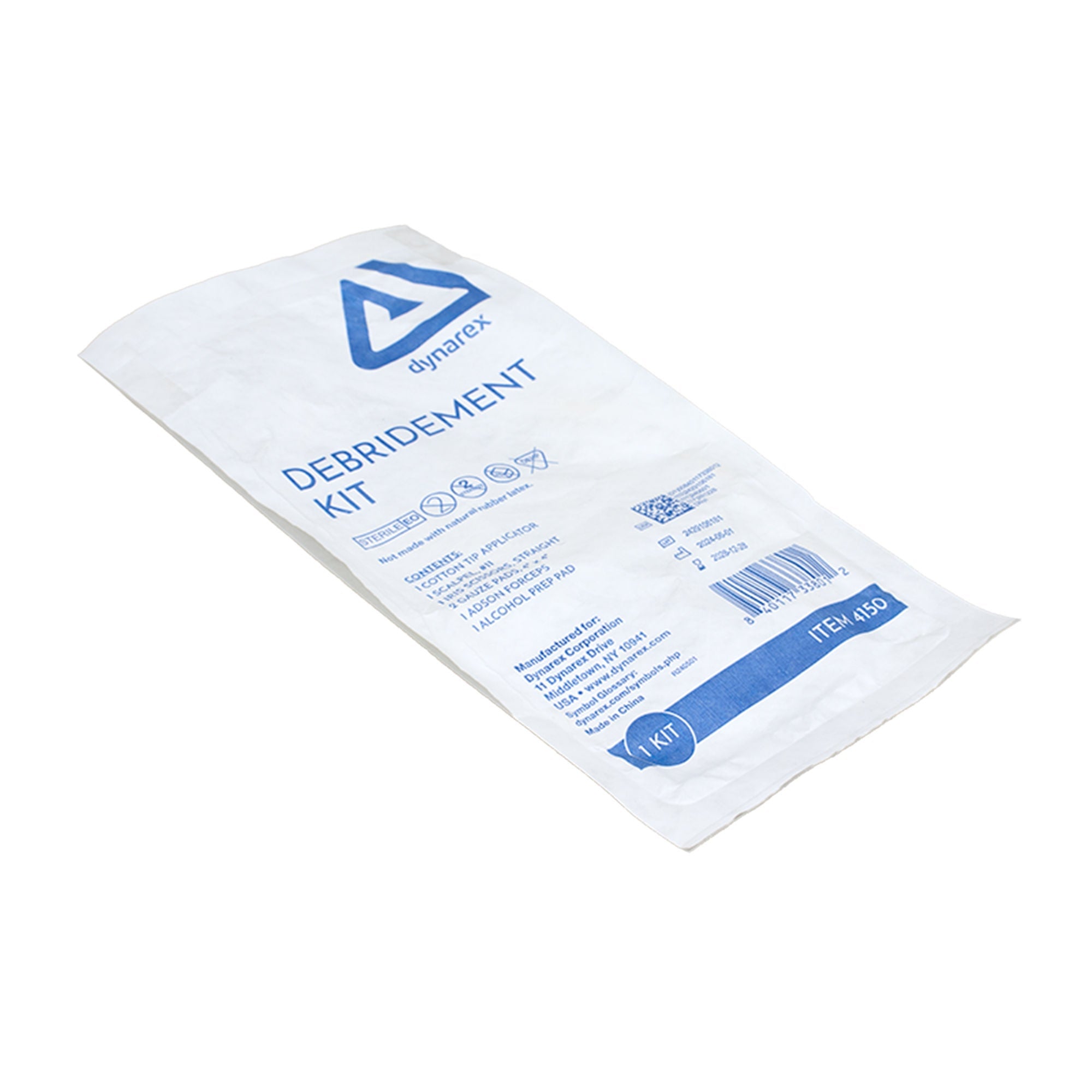 Dynarex - 4150 Debridement Kit Dynarex (1) Cotton Tip Applicator, (1) #11 Scalpel, (1) Iris Scissors, (2) Gauze Pads, (1) Adson Forceps, (1) Alcohol Prep Pad