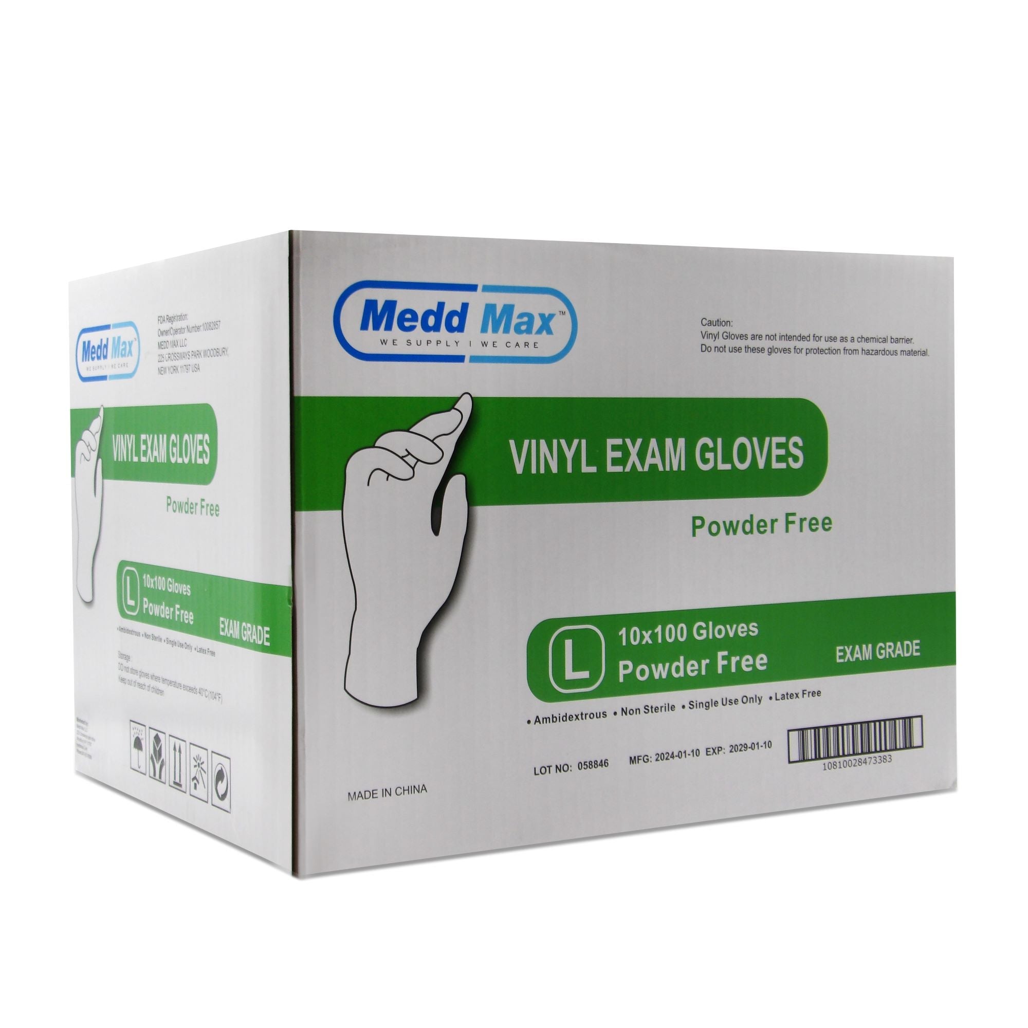 Medd Max LLC - 810028473386 Exam Glove Medd Max™ Large 1000 per Case NonSterile Vinyl Standard Cuff Length Smooth Clear Not Rated