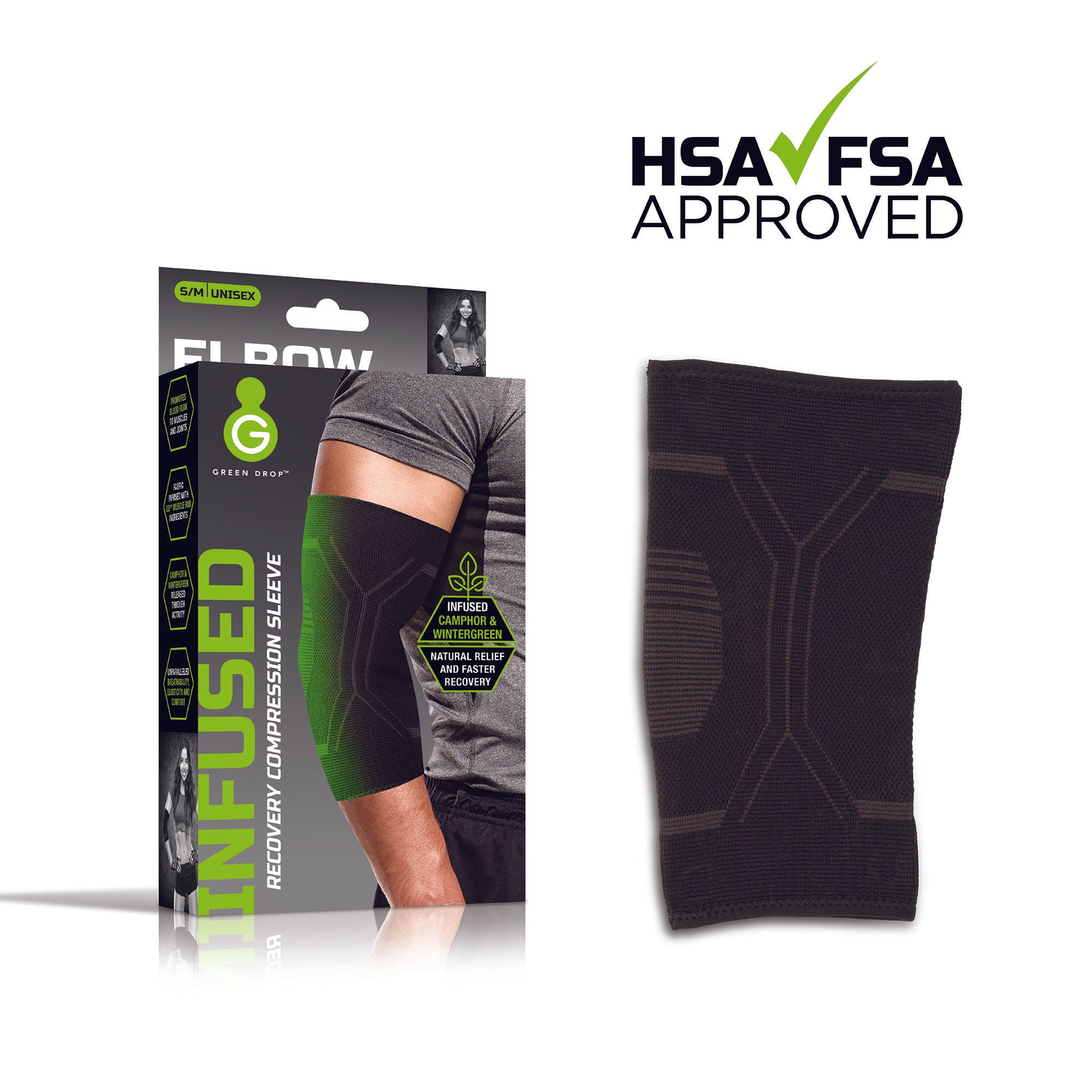 Green Drop Compression LLC - ELB-1450 Green Drop™ Infused Compression Sleeve Elbow Support, Small/Medium