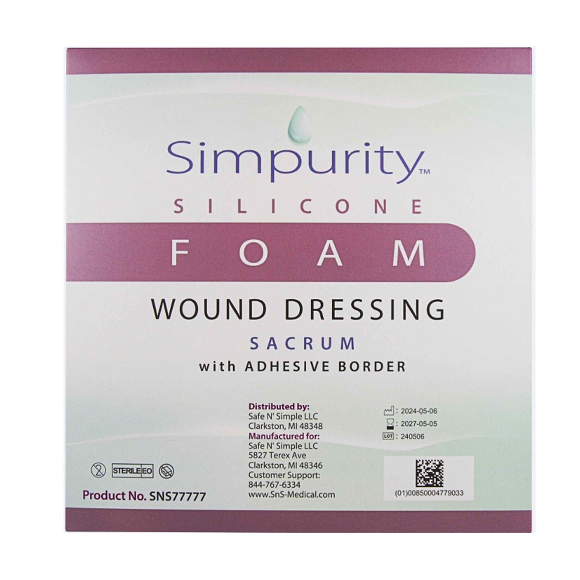 Safe N Simple - SNS77799 Foam Dressing Simpurity™ 7 X 7 Inch With Border Without Film Backing Silicone Adhesive Sacral Sterile