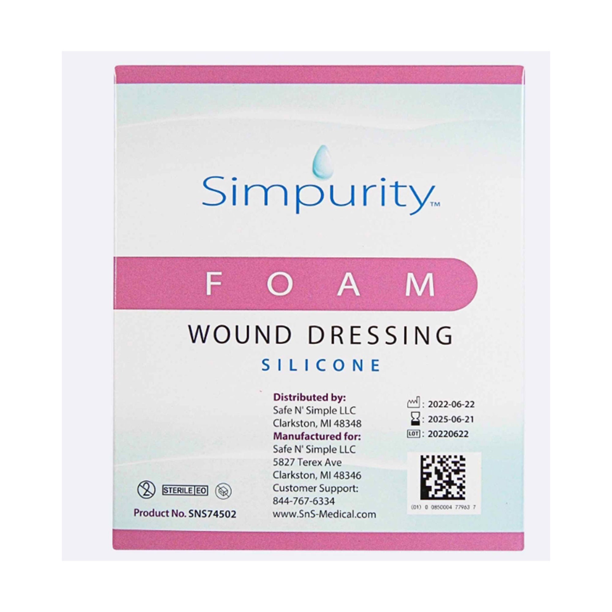 Safe N Simple - SNS74503 Foam Dressing Simpurity™ 3 X 3 Inch Without Border Film Backing Silicone Face Square Sterile