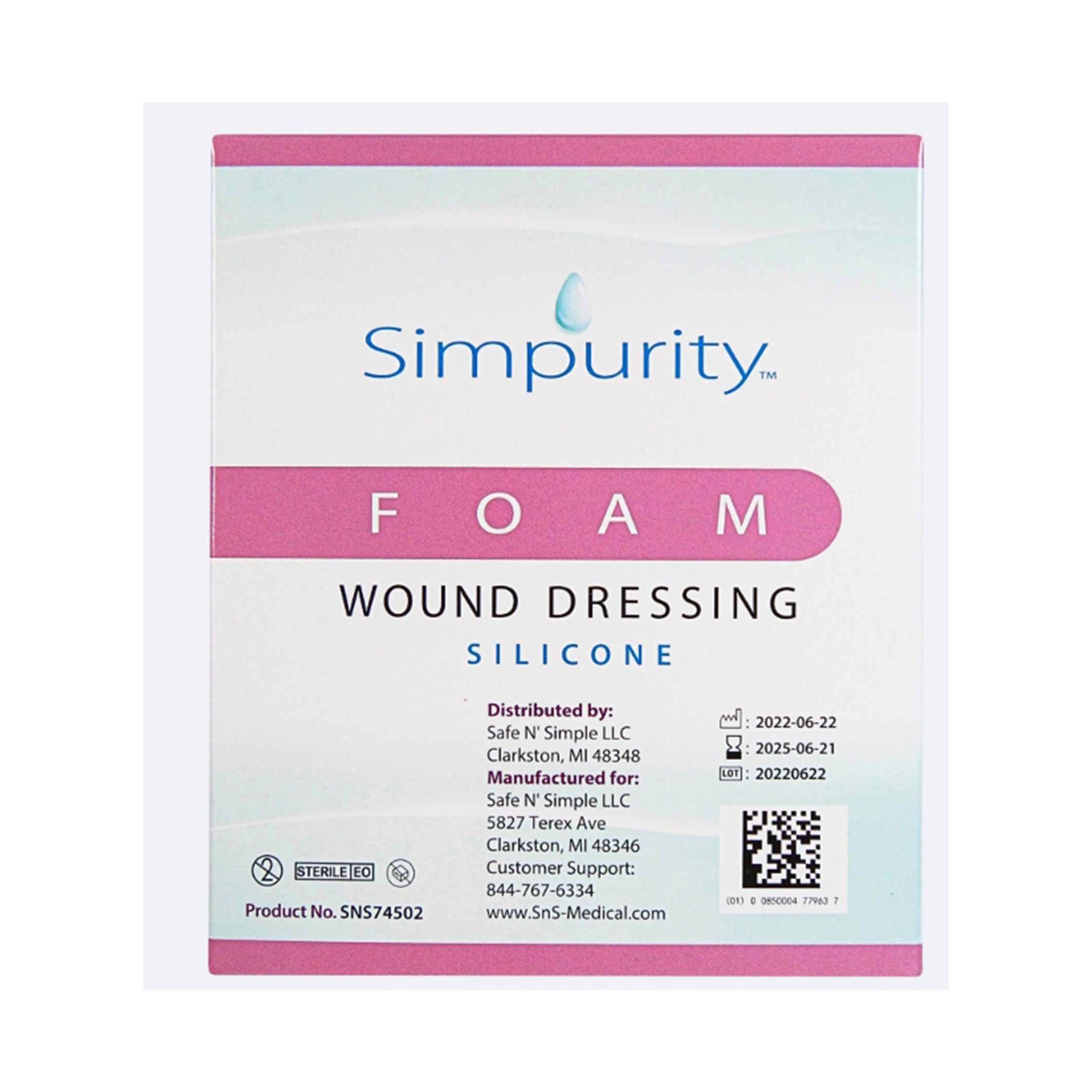 Safe N Simple - SNS74536 Foam Dressing Simpurity™ 6 X 6 Inch Without Border Film Backing Silicone Face Square Sterile