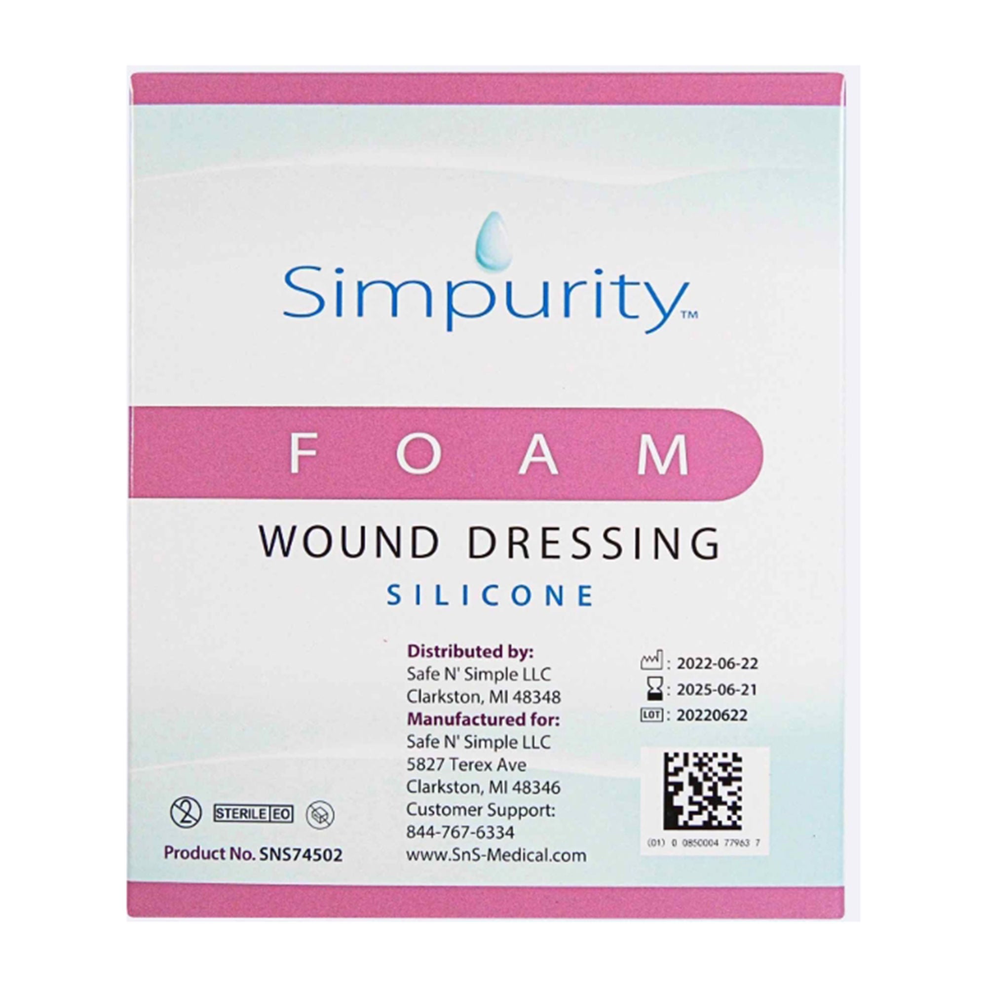 Safe N Simple - SNS74504 Foam Dressing Simpurity™ 4 X 4 Inch Without Border Film Backing Silicone Face Square Sterile