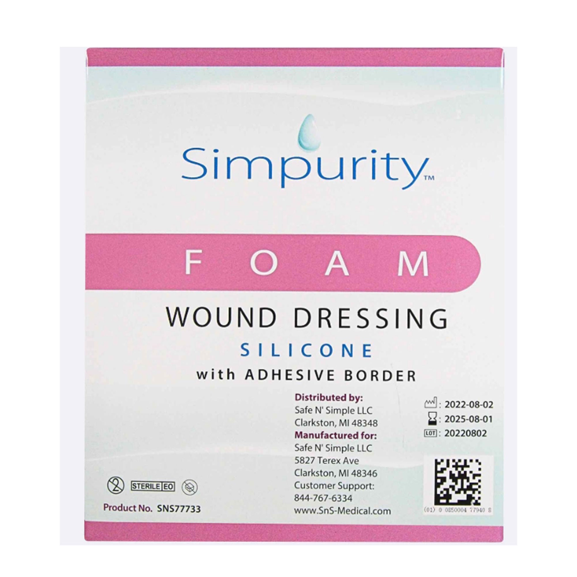 Safe N Simple - SNS77746 Foam Dressing Simpurity™ 4 X 6 Inch With Border Without Film Backing Silicone Adhesive Rectangle Sterile