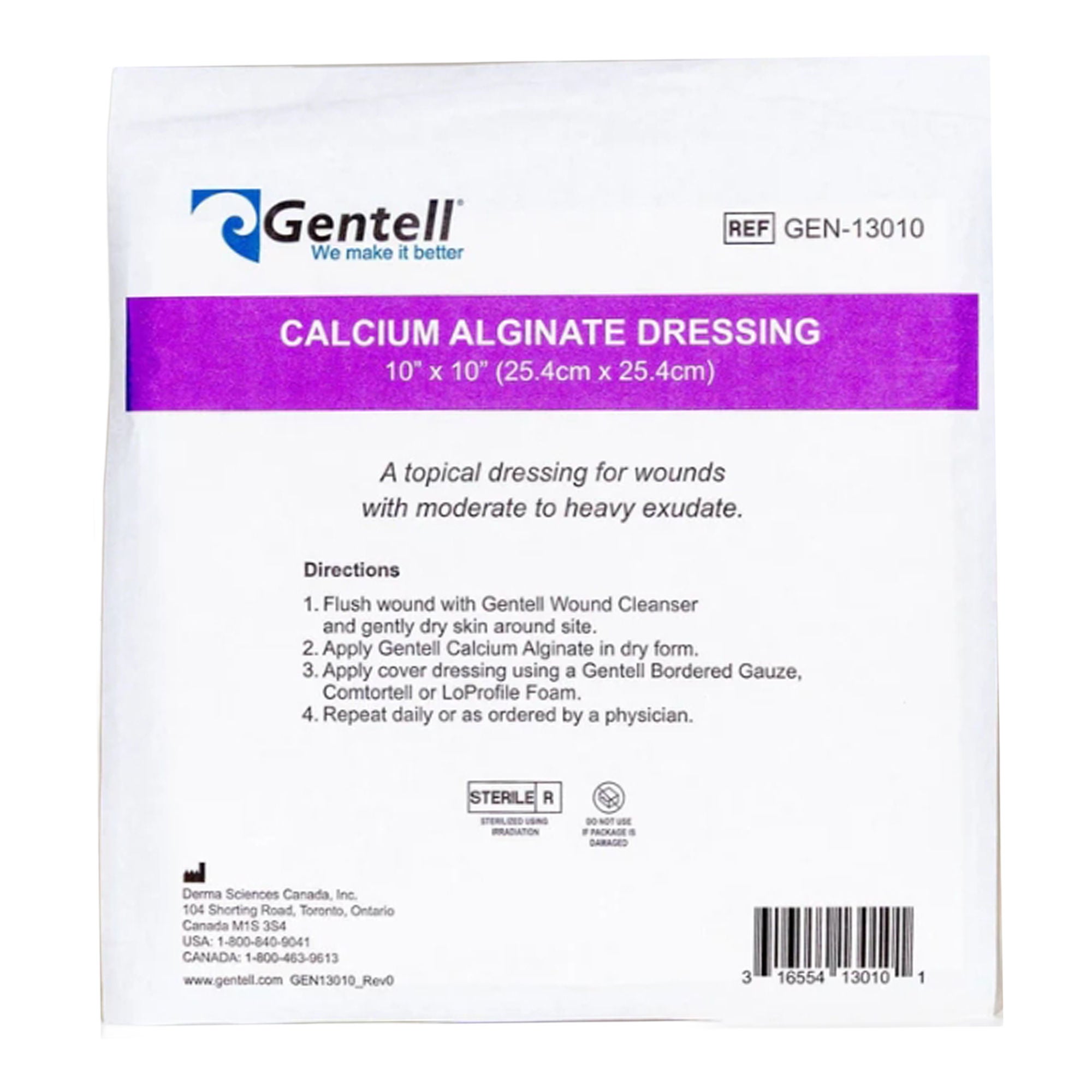 Gentell - GEN-13010 Alginate Dressing Gentell® Calcium Alginate 10 X 10 Inch Square