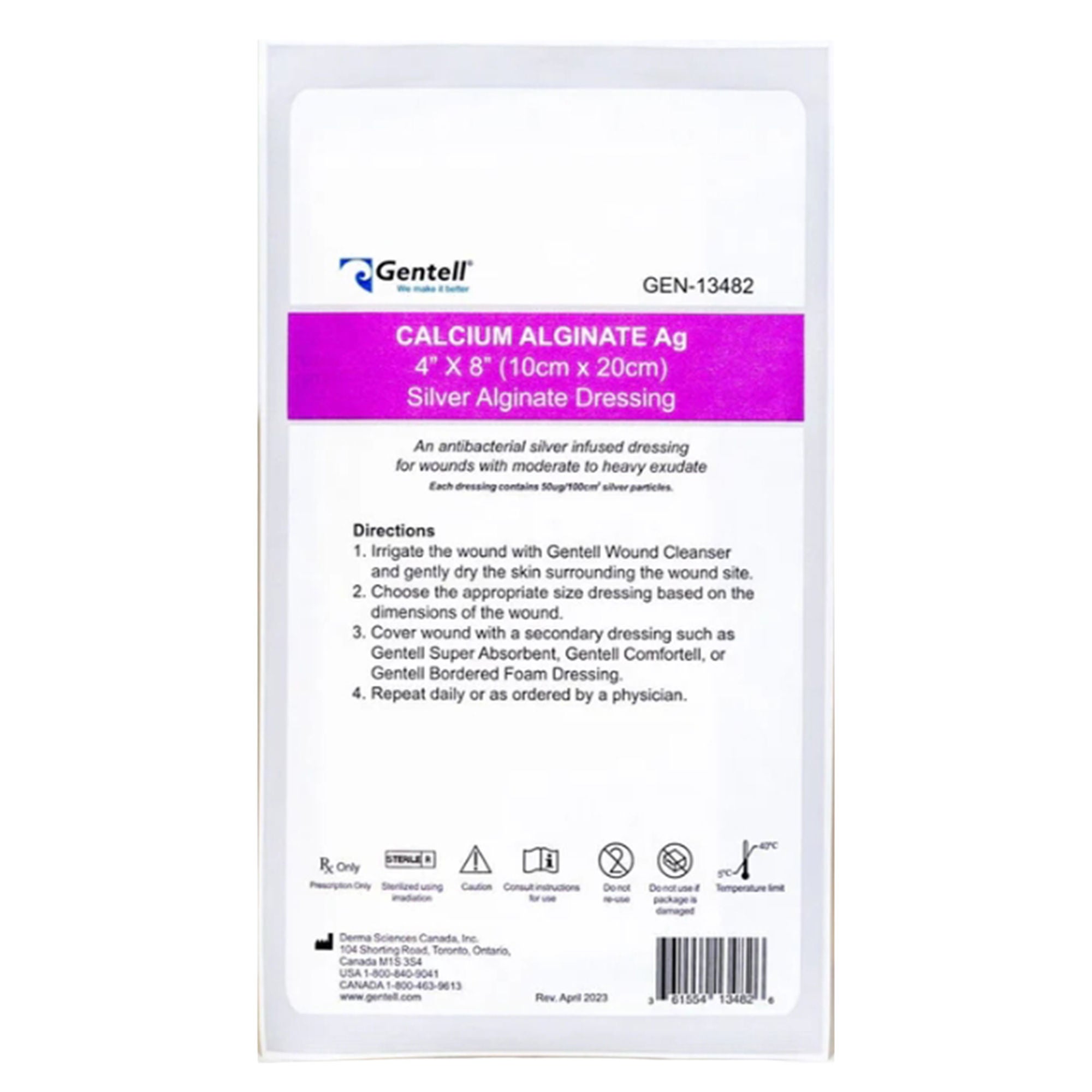 Gentell - GEN-13482 Silver Alginate Dressing Gentell® Calcium Alginate Ag Rectangle Sterile