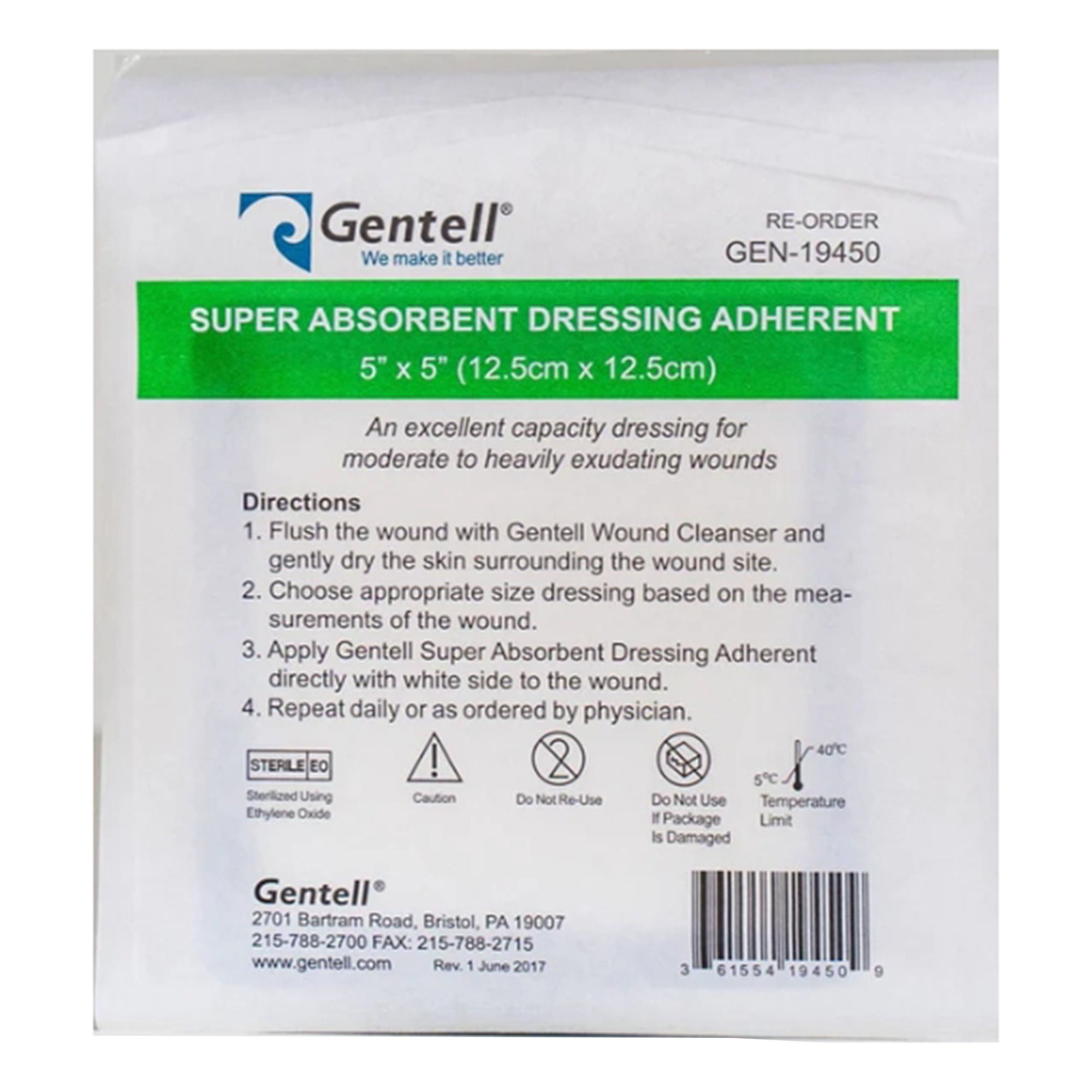 Gentell - GEN-19450 Super Absorbent Dressing Gentell® Adherent Square 5 X 5 Inch With Border Sterile