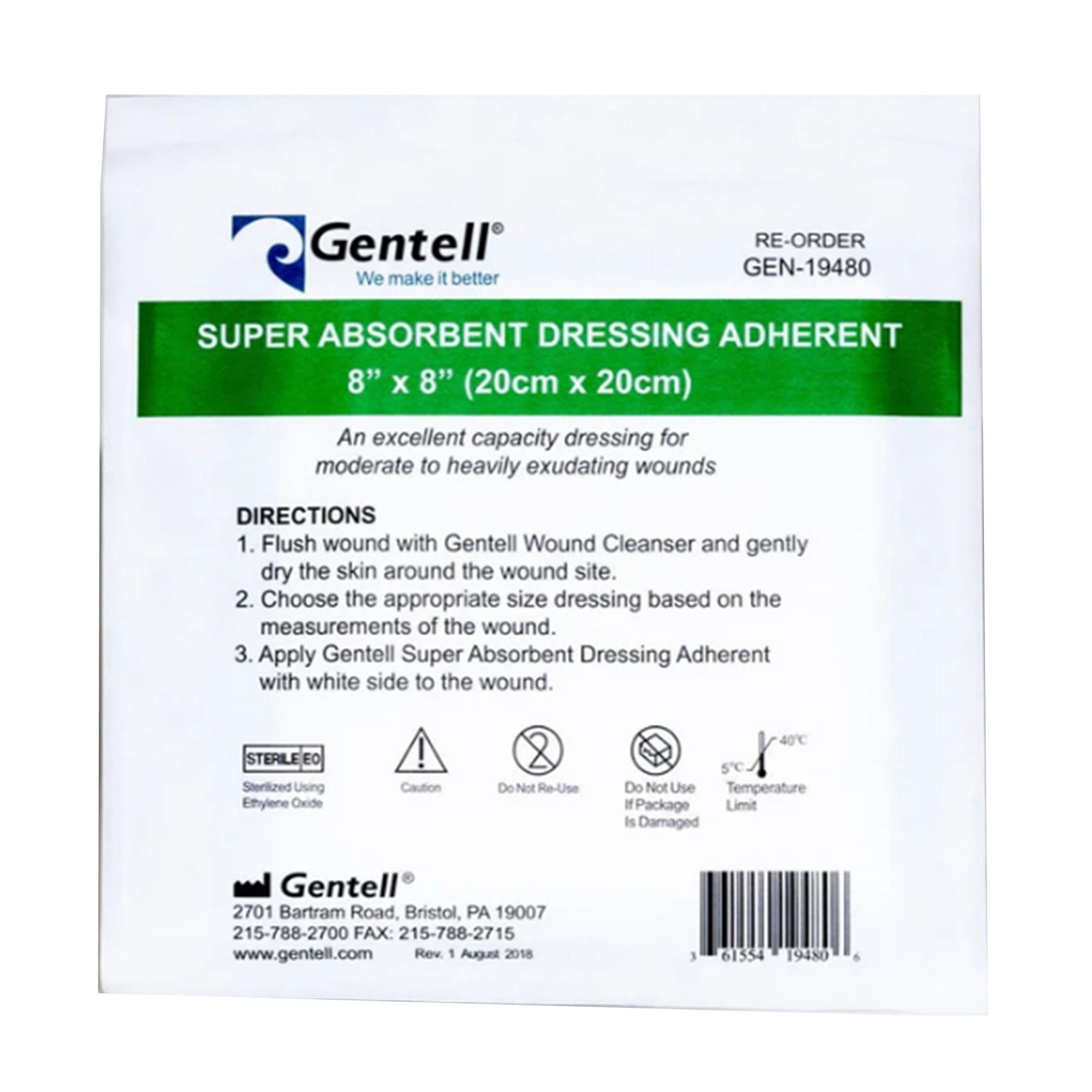Gentell - GEN-19480 Super Absorbent Dressing Gentell® Adherent Square 8 X 8 Inch With Border Sterile