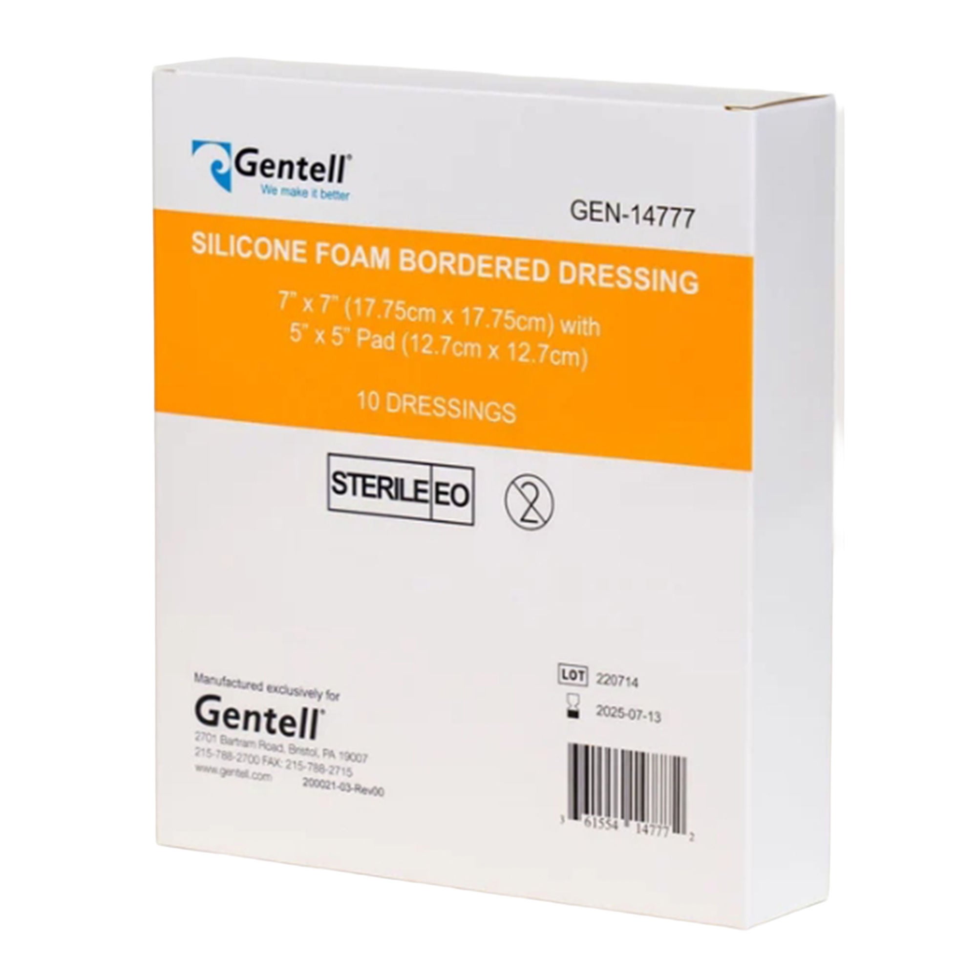 Gentell - GEN-14777 Foam Dressing Gentell® 7 X 7 Inch With Border Without Film Backing Silicone Adhesive Square Sterile