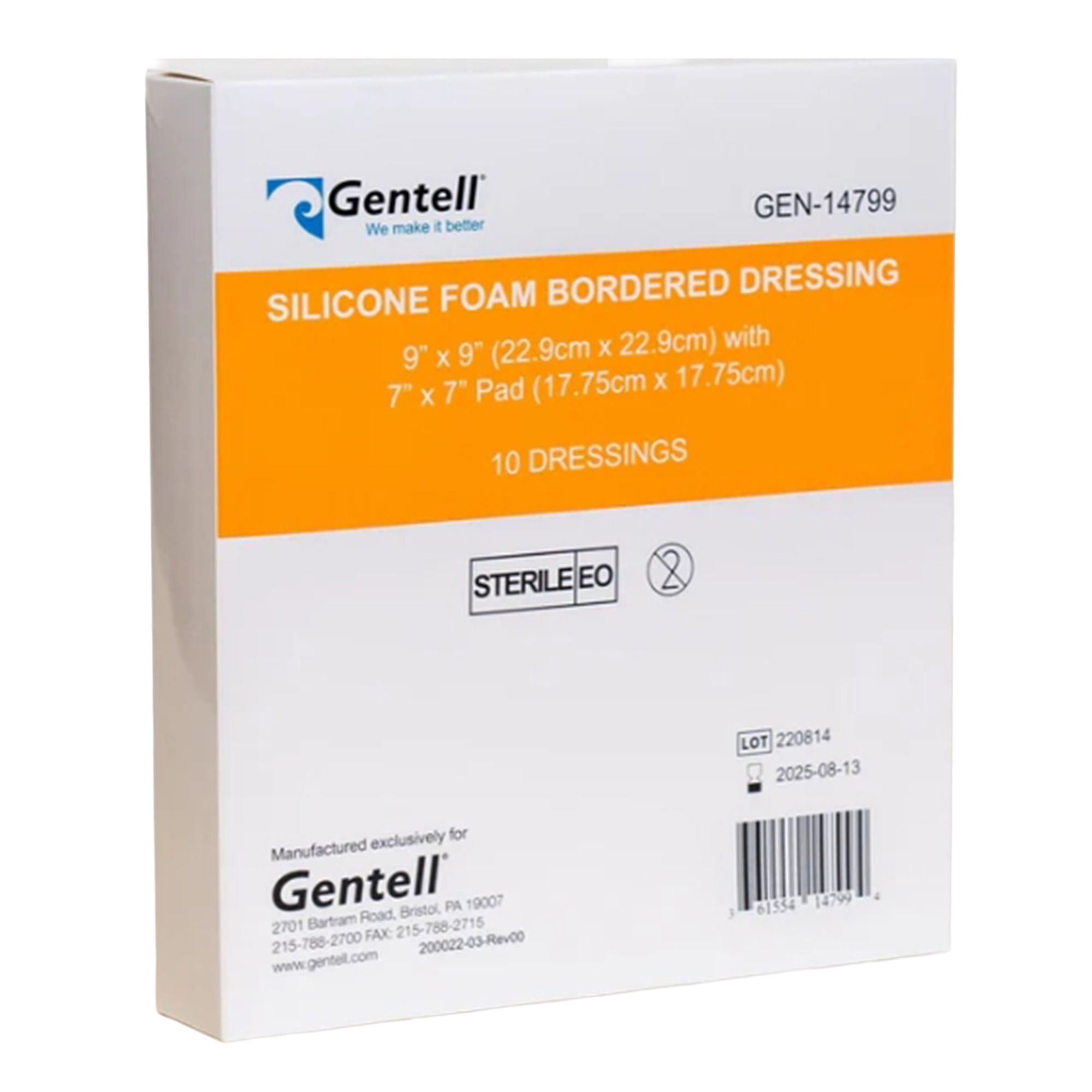 Gentell - GEN-14799 Foam Dressing Gentell® 9 X 9 Inch With Border Without Film Backing Silicone Adhesive Square Sterile