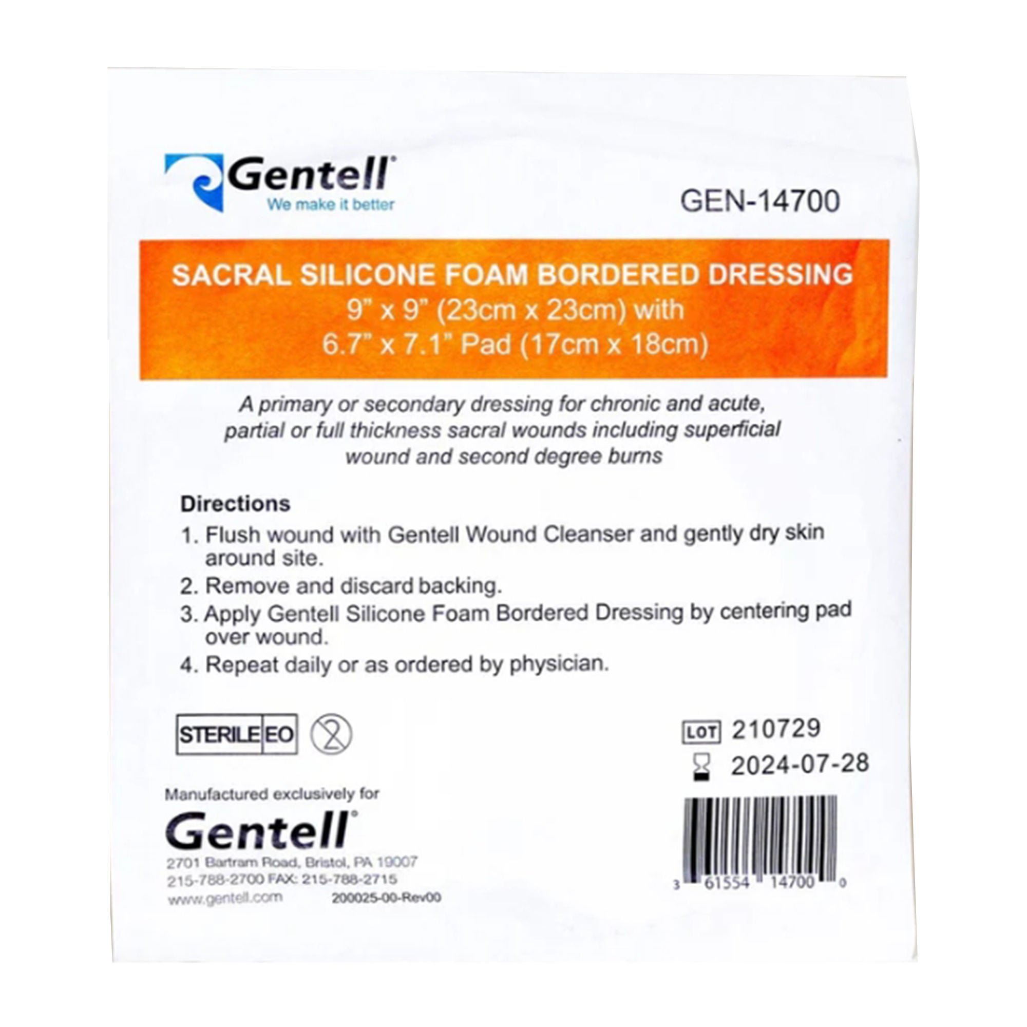 Gentell - GEN-14700 Foam Dressing Gentell® 9 X 9 Inch With Border Without Film Backing Silicone Adhesive Square Sterile