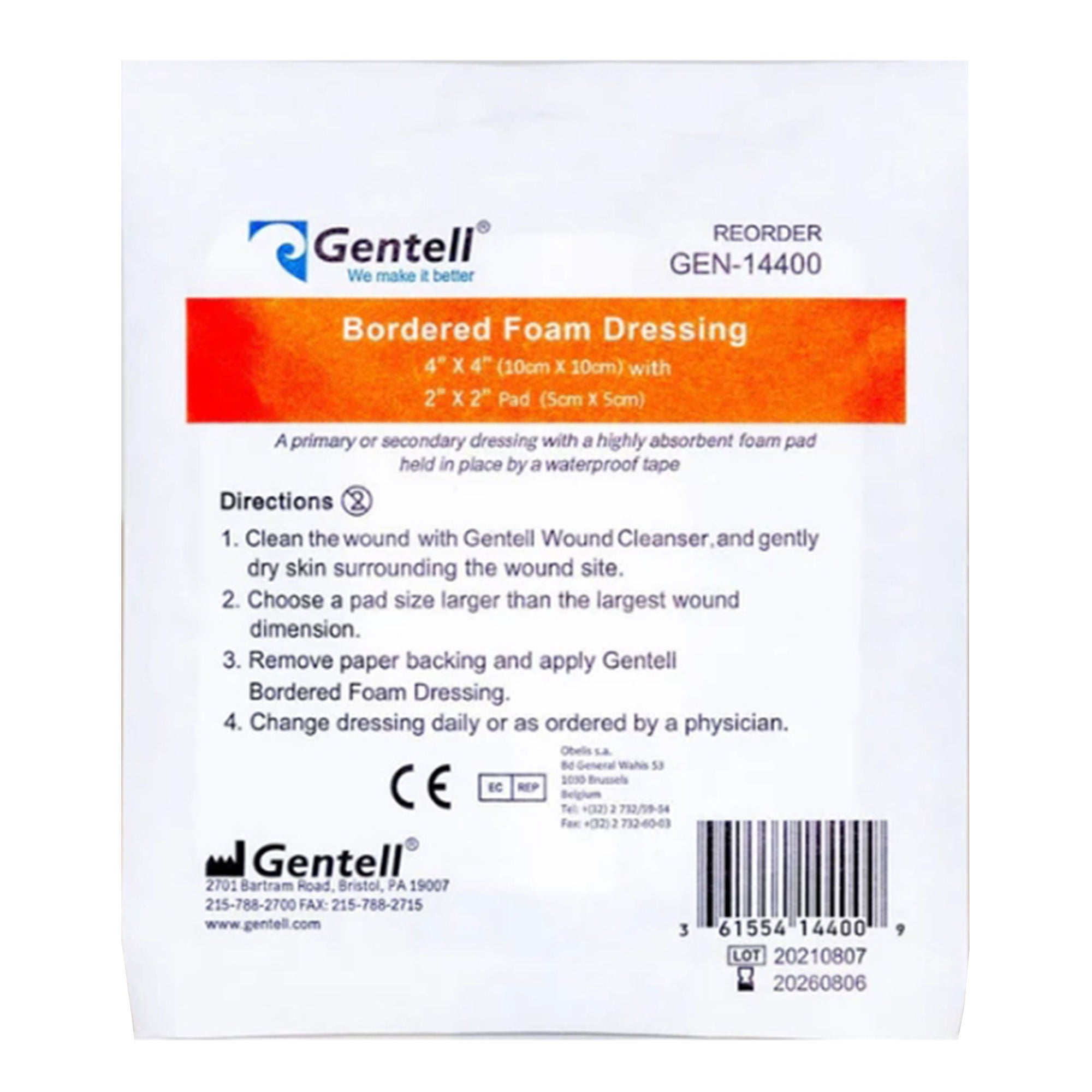 Gentell - GEN-14400 Foam Dressing Gentell® Bordered 4 X 4 Inch With Border Waterproof Backing Adhesive Square Sterile