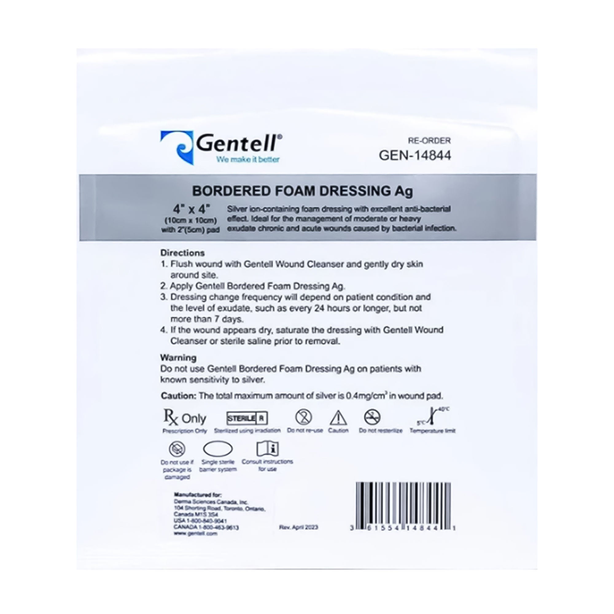 Gentell - GEN-14844 Silver Foam Dressing Gentell® Bordered Foam Ag Square Sterile