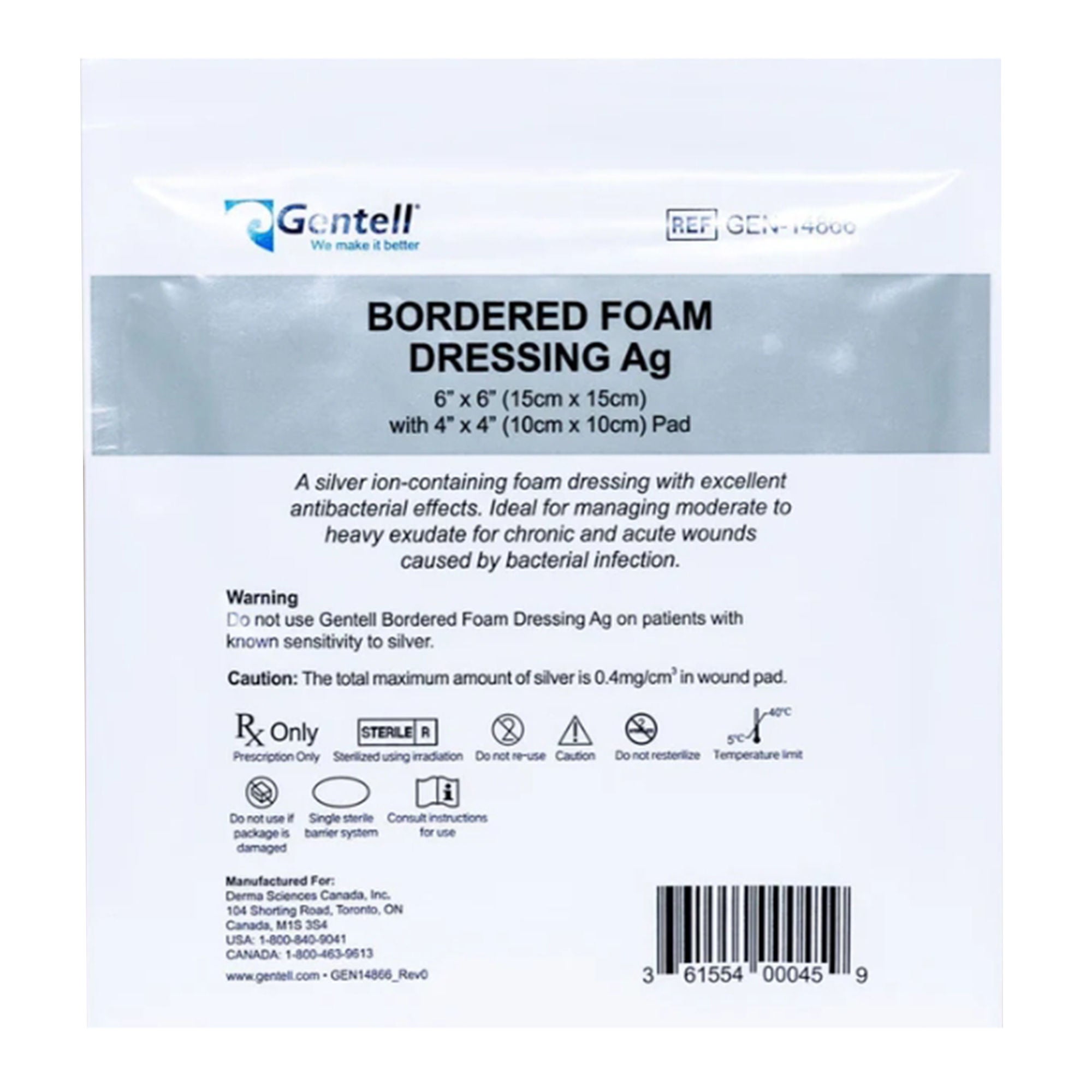 Gentell - GEN-14866 Silver Foam Dressing Gentell® Bordered Foam Ag Square Sterile