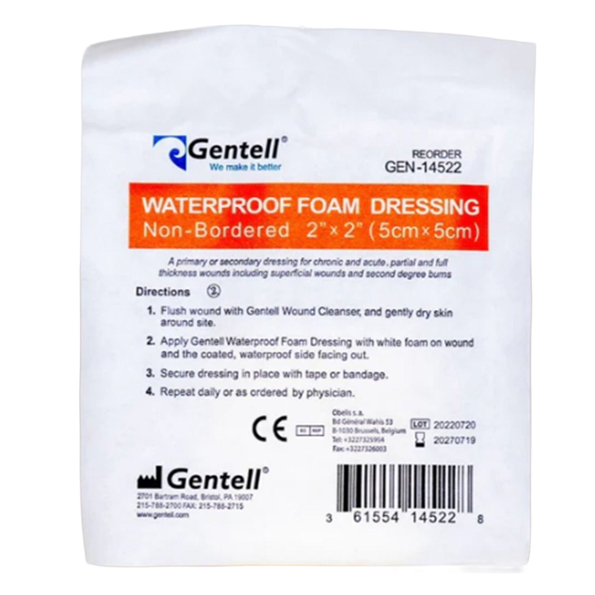 Gentell - GEN-14522 Foam Dressing Gentell® 2 X 2 Inch Without Border Waterproof Backing Nonadhesive Square Sterile