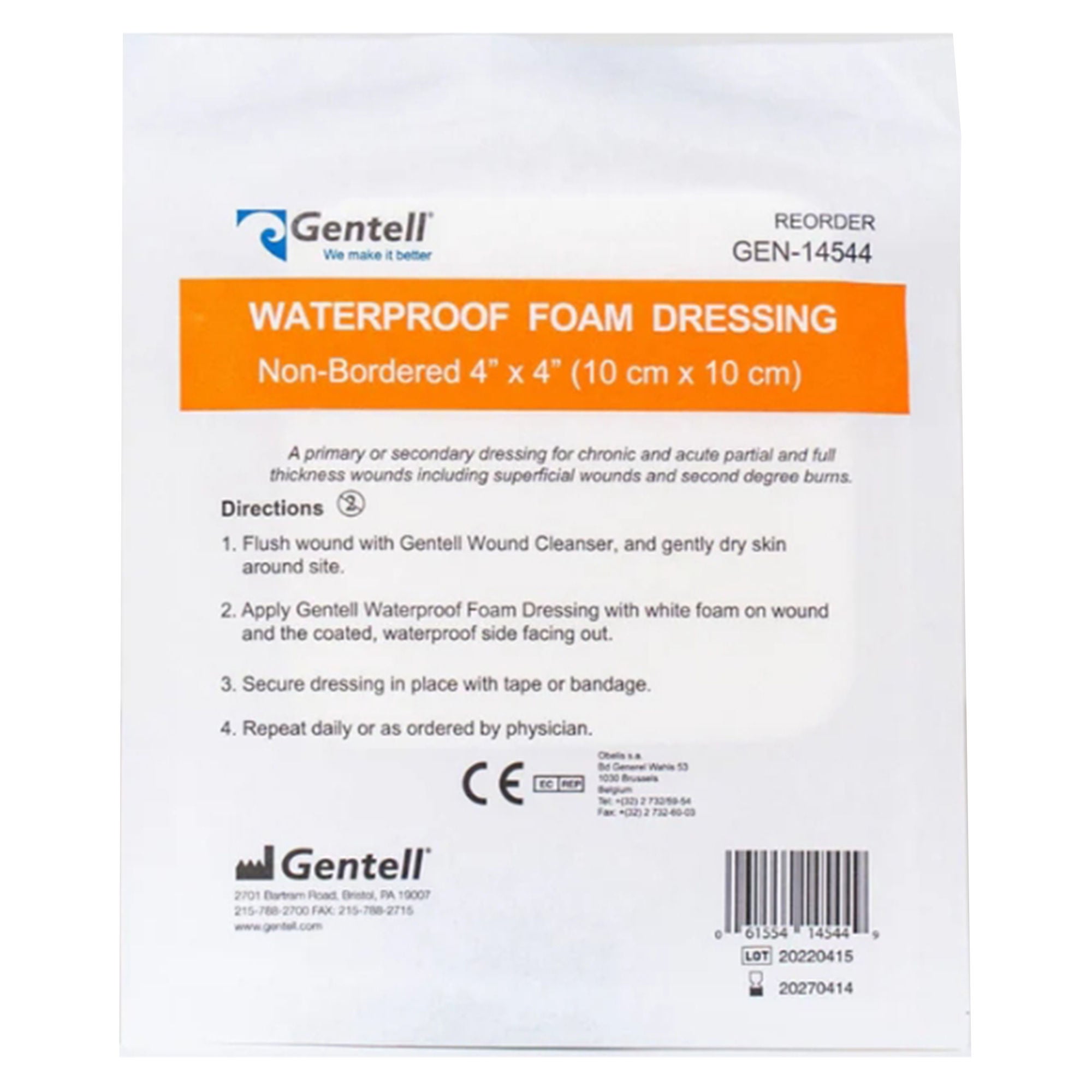 Gentell - GEN-14544 Foam Dressing Gentell® 4 X 4 Inch Without Border Waterproof Backing Nonadhesive Square Sterile