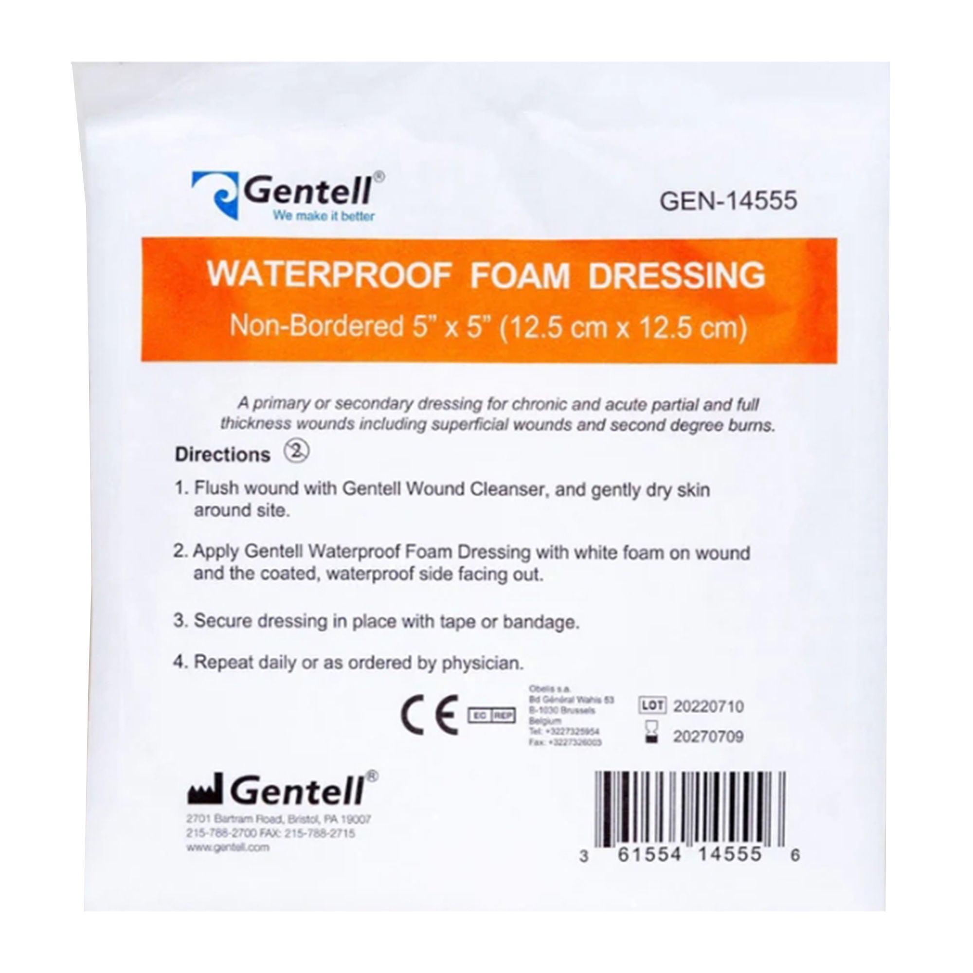 Gentell - GEN-14555 Foam Dressing Gentell® 5 X 5 Inch Without Border Waterproof Backing Nonadhesive Square Sterile