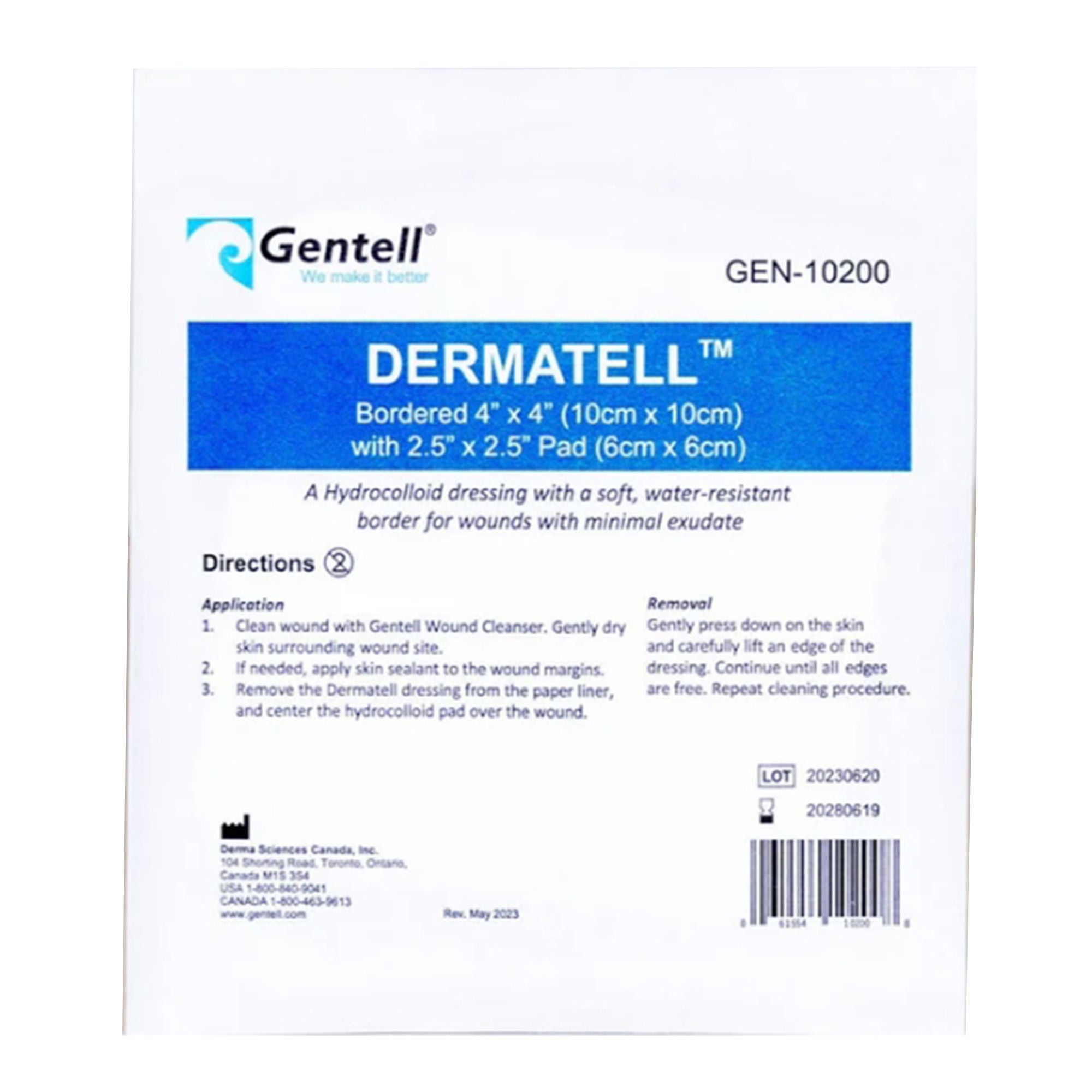 Gentell - GEN-10200 Hydrocolloid Dressing Gentell® Dermatell™ 4 X 4 Inch Square Hydrocolloid