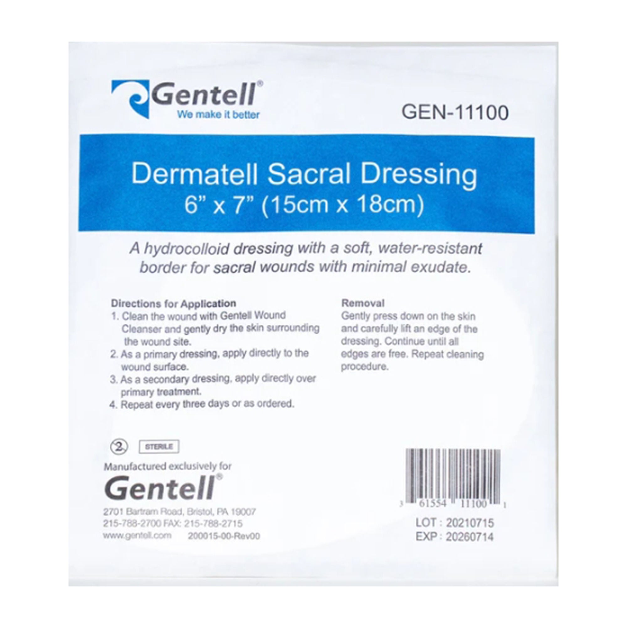 Gentell - GEN-11100 Hydrocolloid Dressing Gentell® Dermatell™ 6 X 7 Inch Sacral Hydrocolloid
