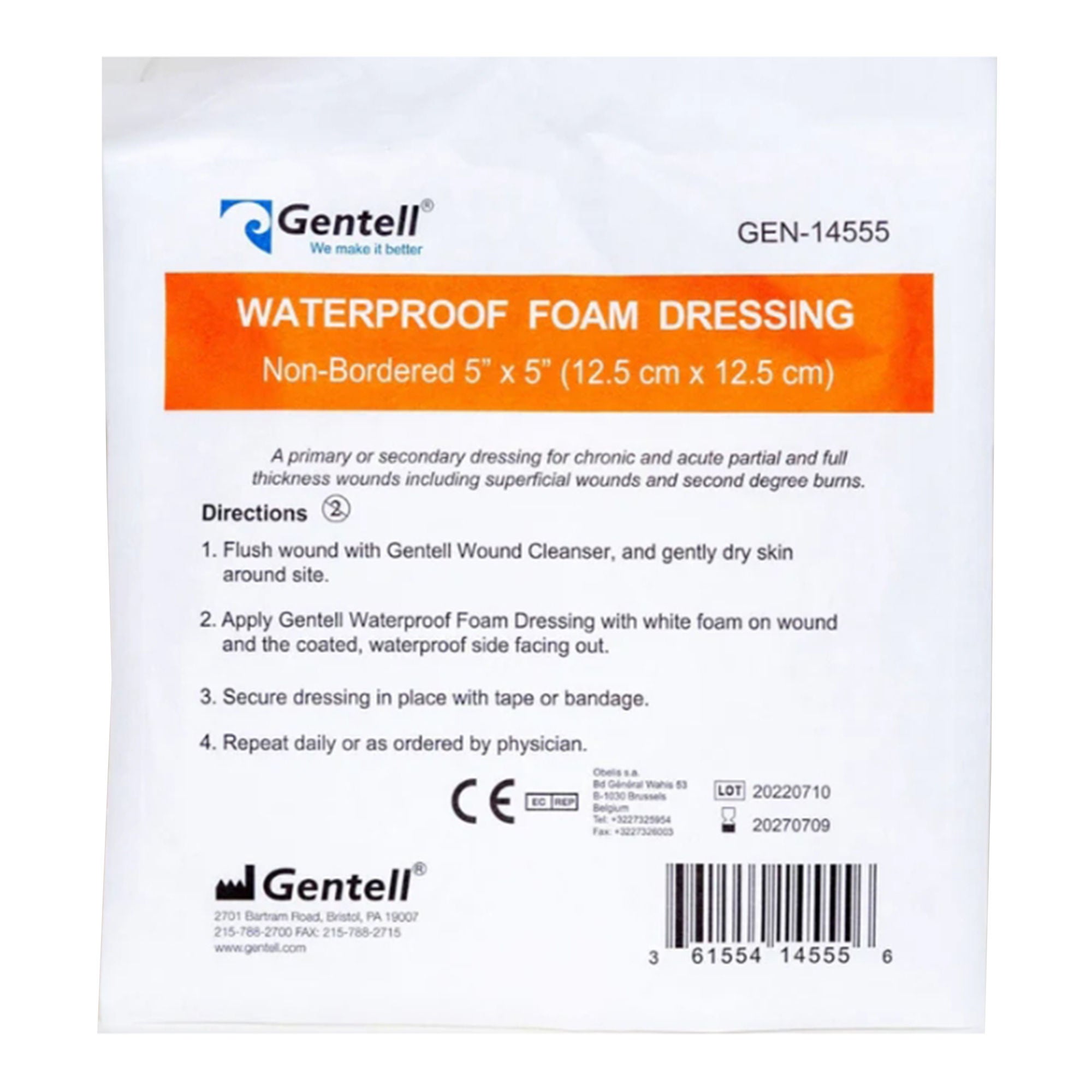 Gentell - GEN-14588 Foam Dressing Gentell® 8 X 8 Inch Without Border Waterproof Backing Nonadhesive Square Sterile
