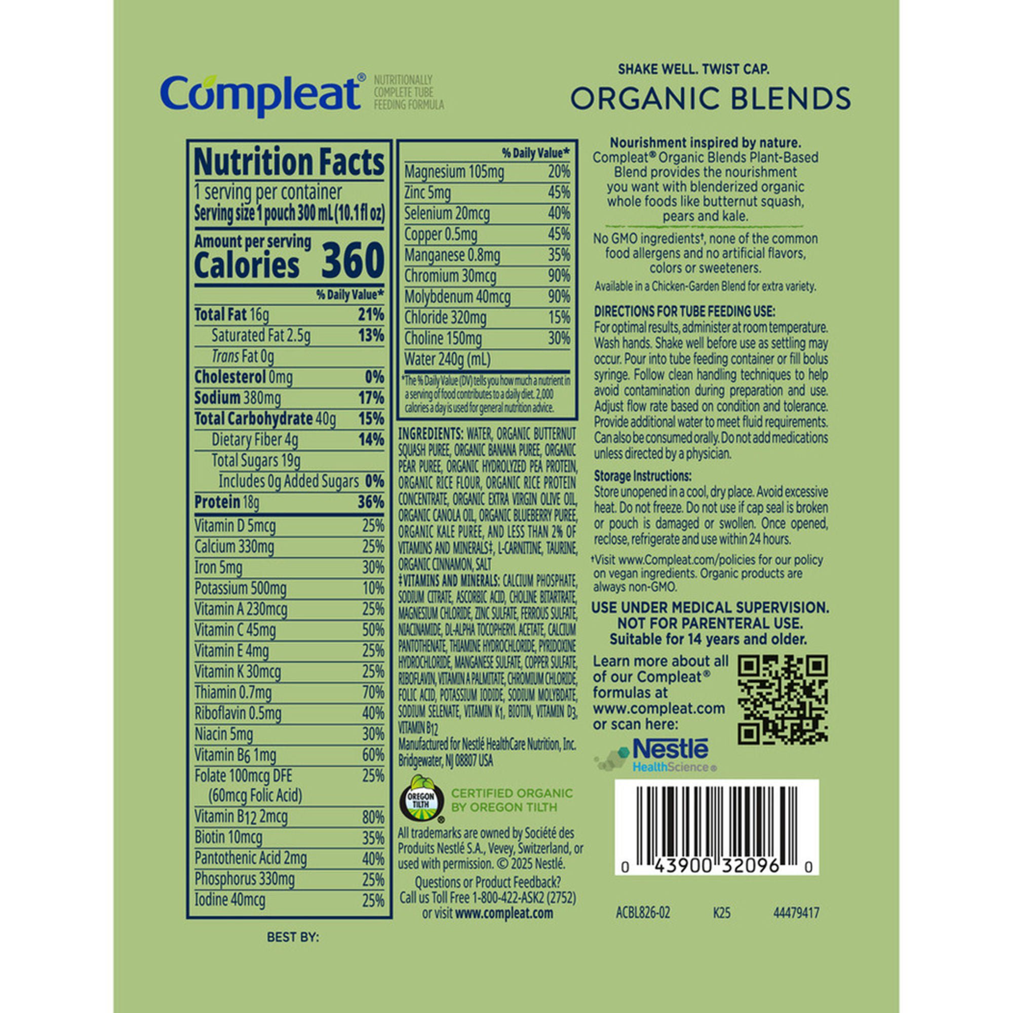 Nestle Healthcare Nutrition - 00043900773278 Tube Feeding Formula Compleat® Organic Blends Plant Based Organic Blends Flavor Liquid 10.1 oz. Pouch