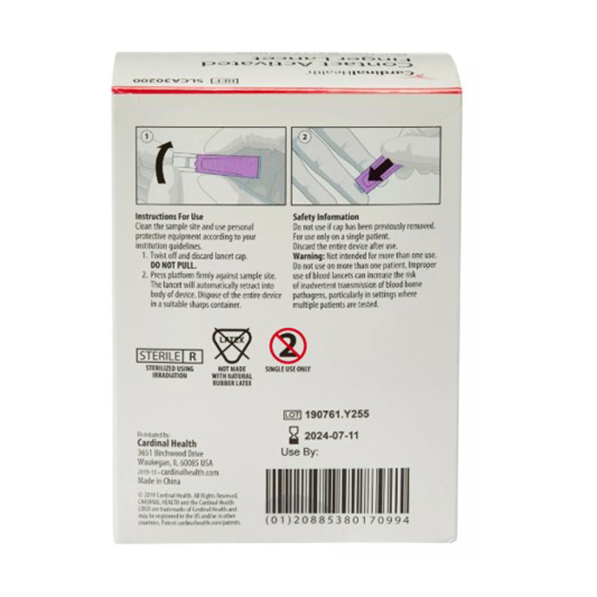 Cardinal - SLCA30200 Safety Lancet Cardinal Health™ 30 Gauge 1.5 mm Blade Pressure Activated Finger