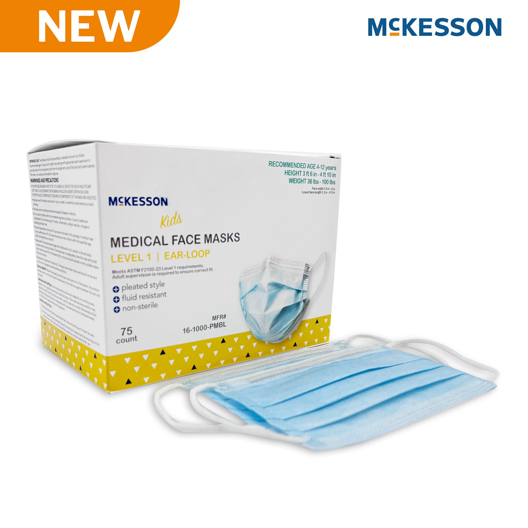 McKesson Brand - 16-1000-PMBL Procedure Mask McKesson ASTM Level 1 Earloops Child Size