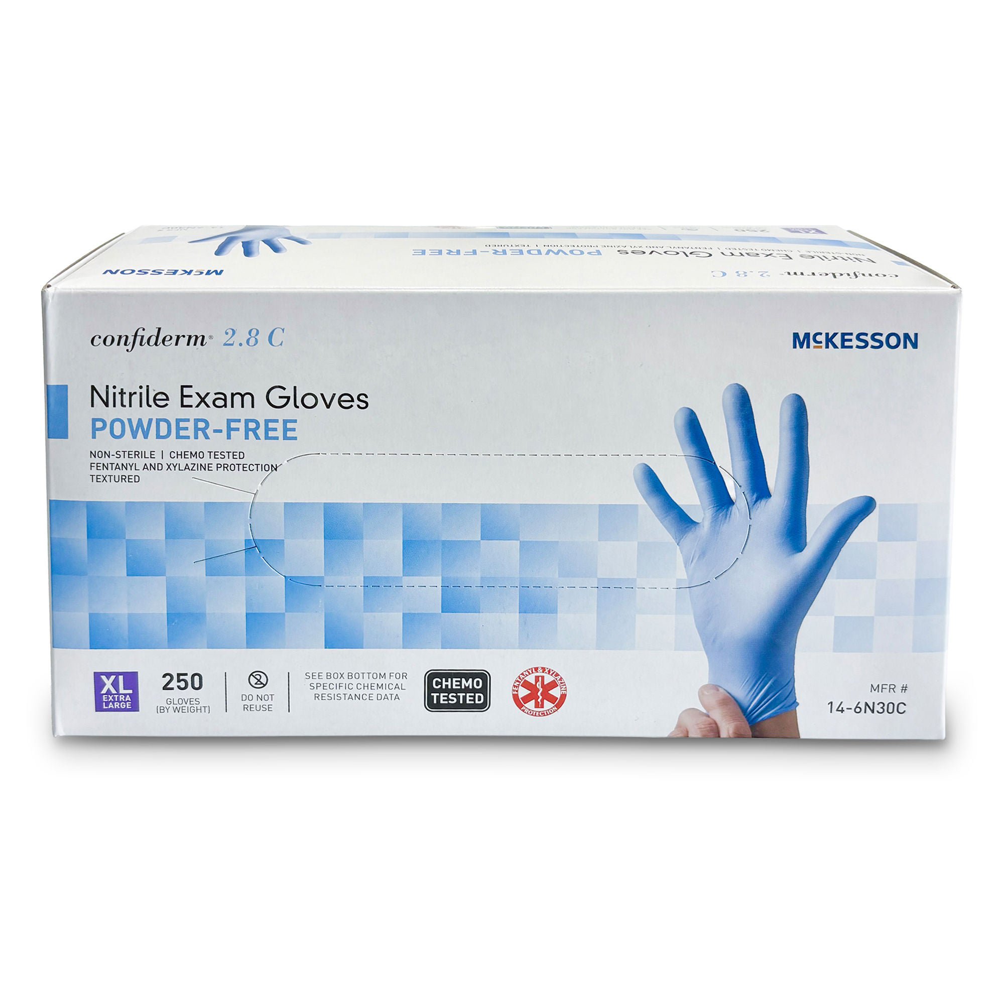 McKesson Brand - 14-6N30C Exam Glove McKesson Confiderm® 2.8 C X-Large 250 per Box NonSterile Nitrile Standard Cuff Length Textured Fingertips Ocean Blue Chemo Tested / Fentanyl Tested