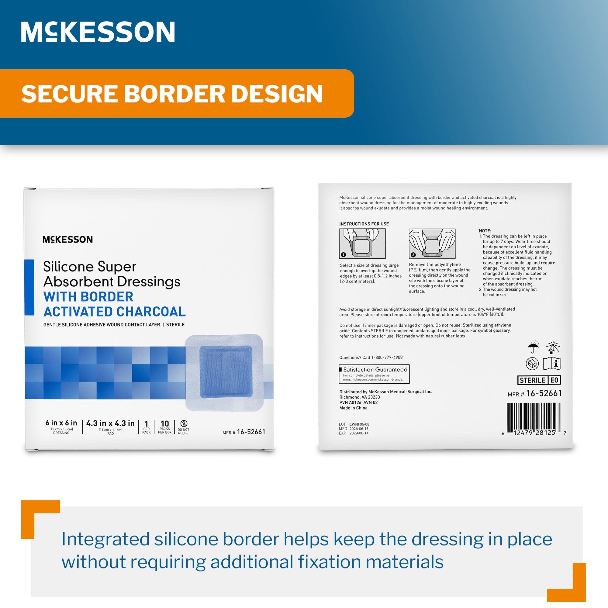 McKesson Brand - 16-52661 Super Absorbent Charcoal Dressing McKesson Square 6 X 6 Inch With Border Sterile