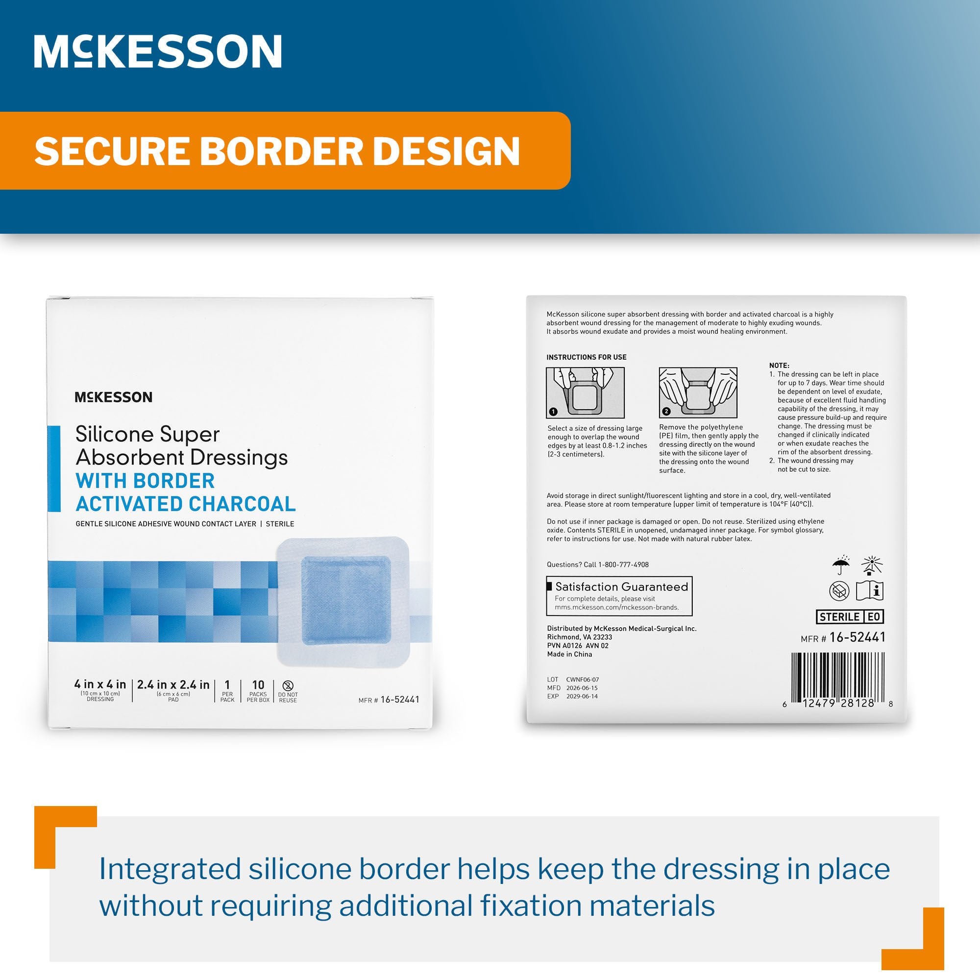 McKesson Brand - 16-52441 Super Absorbent Charcoal Dressing McKesson Square 4 X 4 Inch With Border Sterile