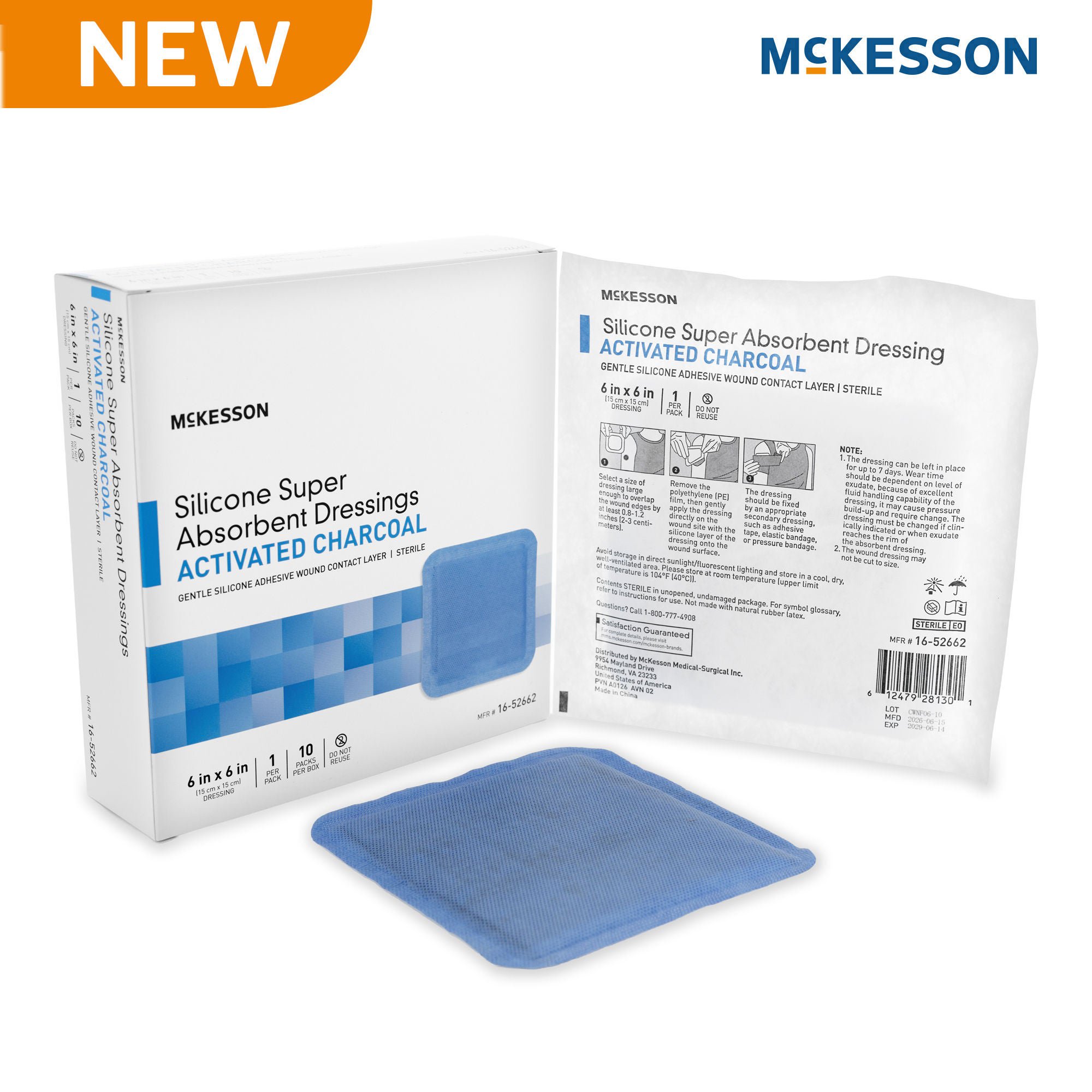 McKesson Brand - 16-52662 Super Absorbent Charcoal Dressing McKesson Square 6 X 6 Inch Without Border Sterile