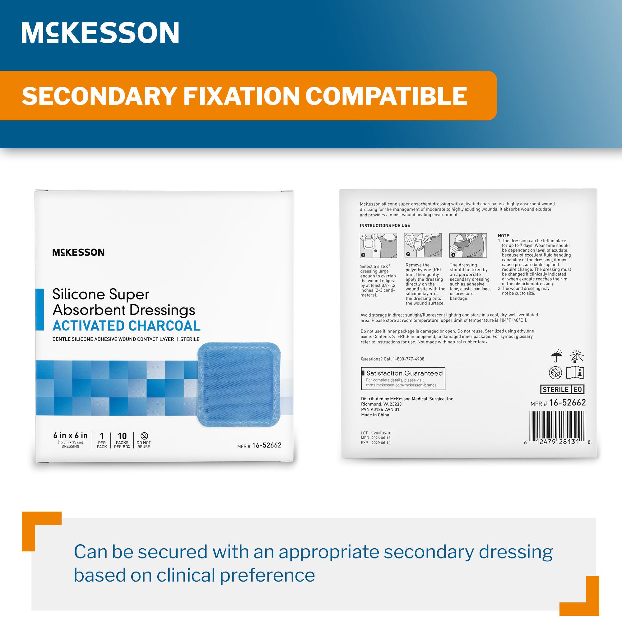 McKesson Brand - 16-52662 Super Absorbent Charcoal Dressing McKesson Square 6 X 6 Inch Without Border Sterile
