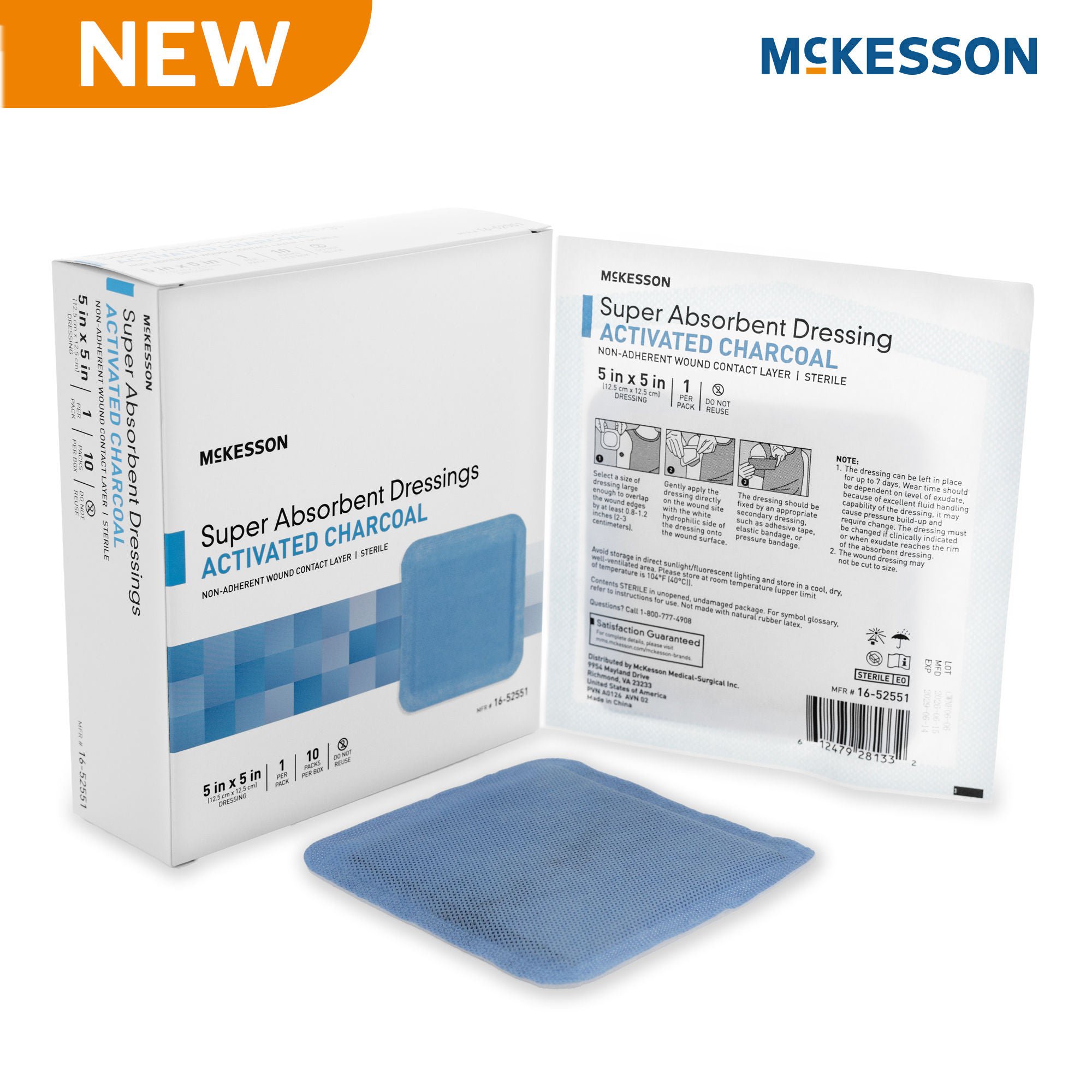 McKesson Brand - 16-52551 Super Absorbent Charcoal Dressing McKesson Square 5 X 5 Inch Without Border Sterile