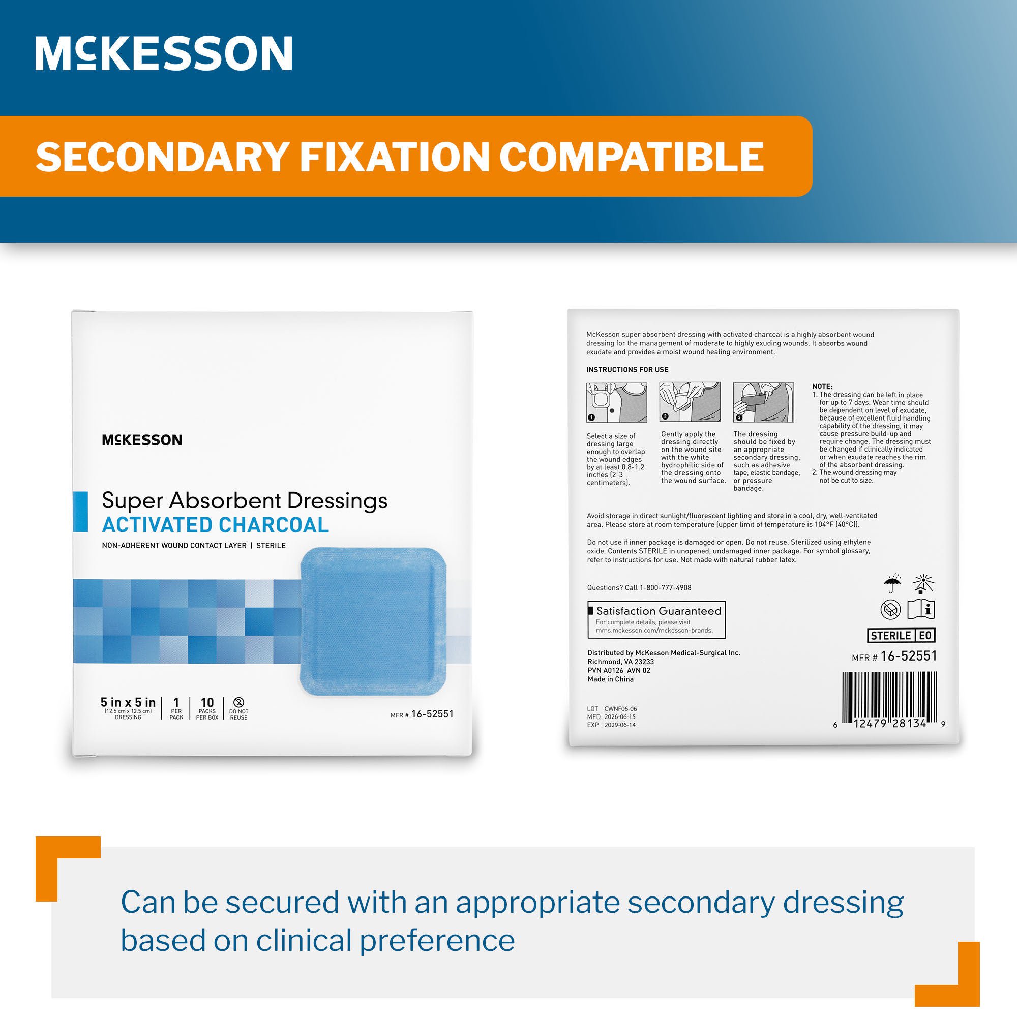 McKesson Brand - 16-52551 Super Absorbent Charcoal Dressing McKesson Square 5 X 5 Inch Without Border Sterile