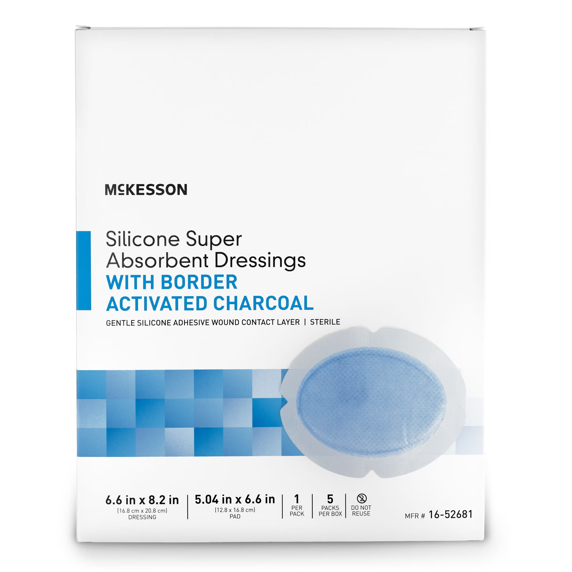 McKesson Brand - 16-52681 Super Absorbent Charcoal Dressing McKesson Oval 6-5/8 X 8-3/16 Inch With Border Sterile