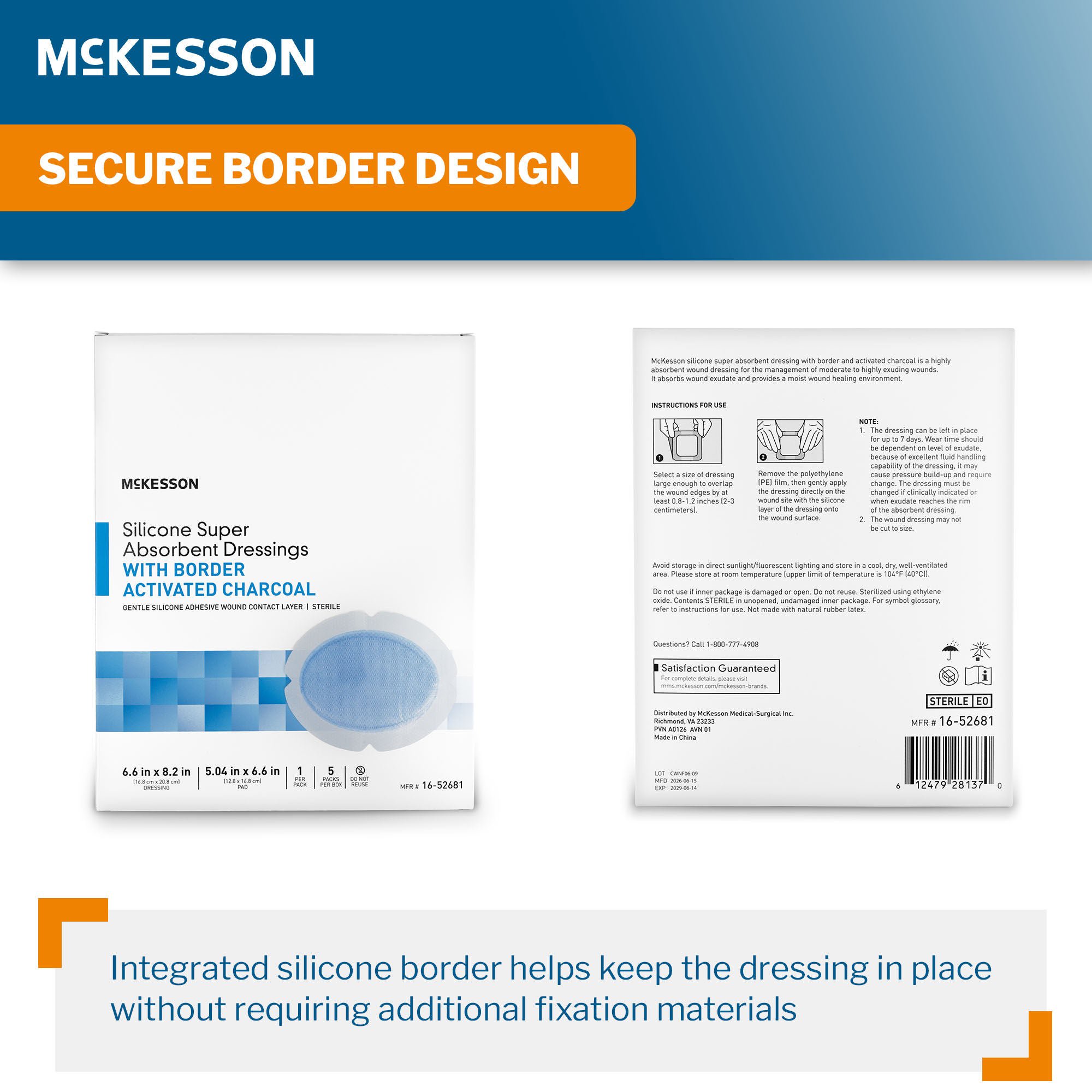 McKesson Brand - 16-52681 Super Absorbent Charcoal Dressing McKesson Oval 6-5/8 X 8-3/16 Inch With Border Sterile