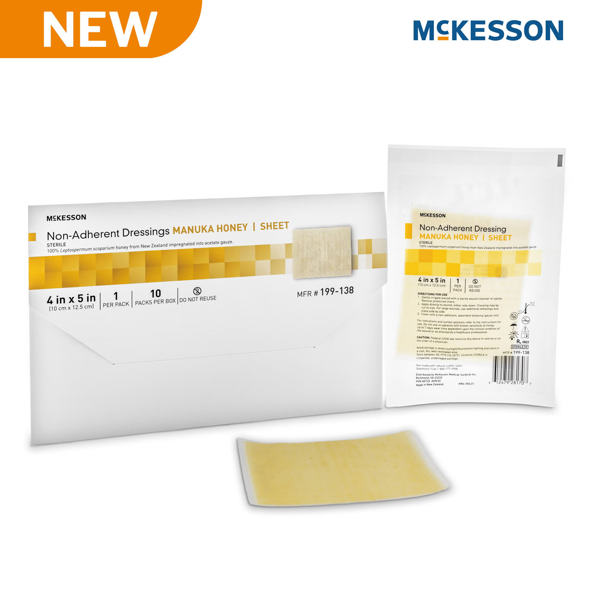McKesson Brand - 199-138 Honey Wound Dressing McKesson Rectangle 4 X 5 Inch Sheet Sterile Non-Adherent