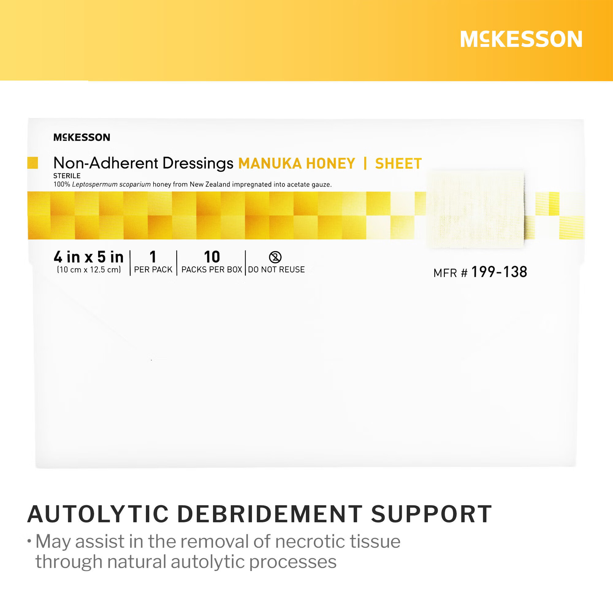 McKesson Brand - 199-138 Honey Wound Dressing McKesson Rectangle 4 X 5 Inch Sheet Sterile Non-Adherent