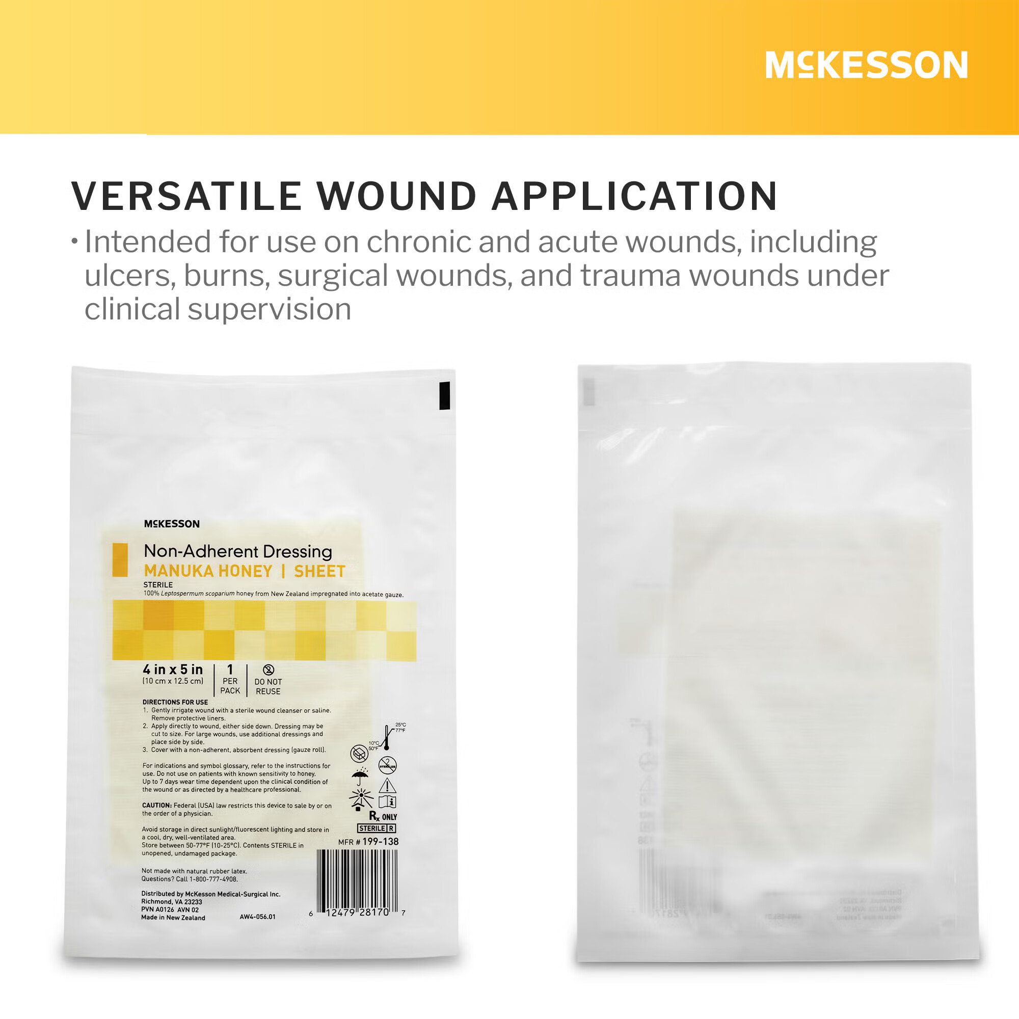 McKesson Brand - 199-138 Honey Wound Dressing McKesson Rectangle 4 X 5 Inch Sheet Sterile Non-Adherent
