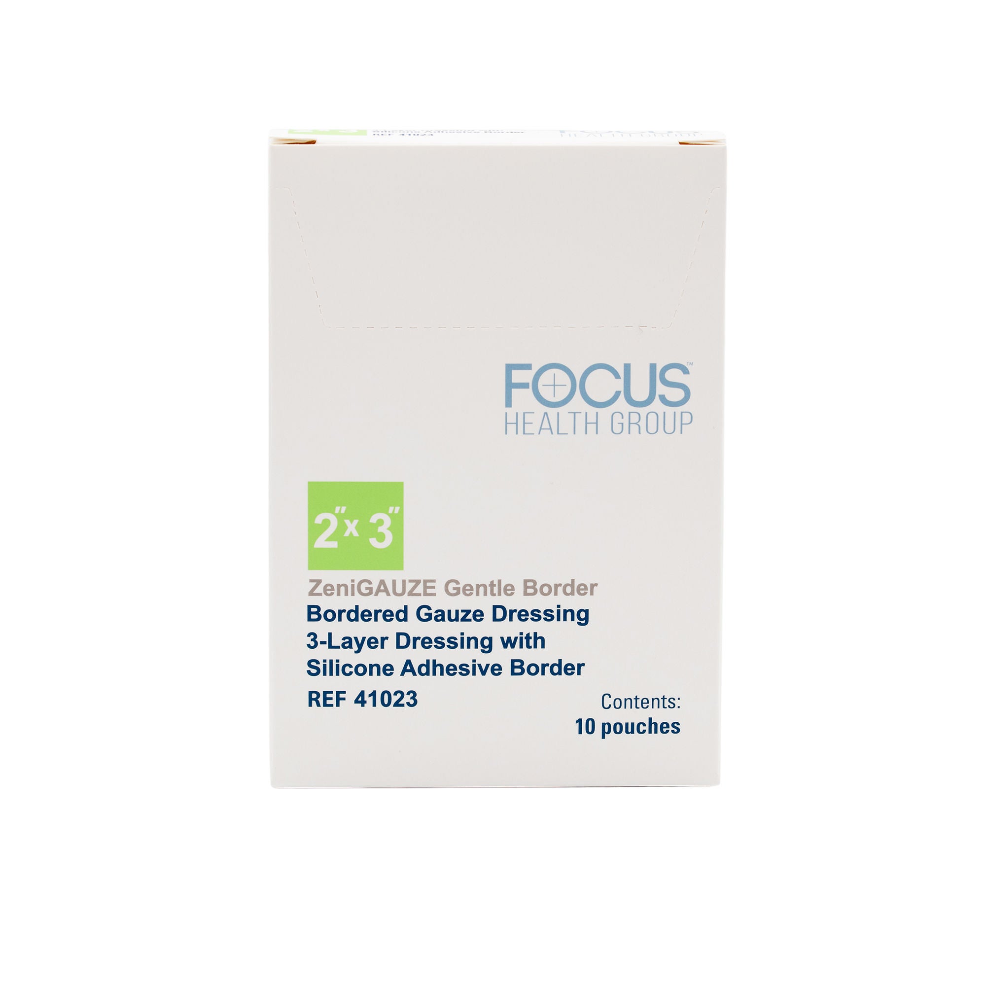 Focus Health Group - 41023 Composite Dressing ZeniGAUZE™ Gentle Border 2 X 3 Inch Rectangle Sterile Polyurethane Film Backing