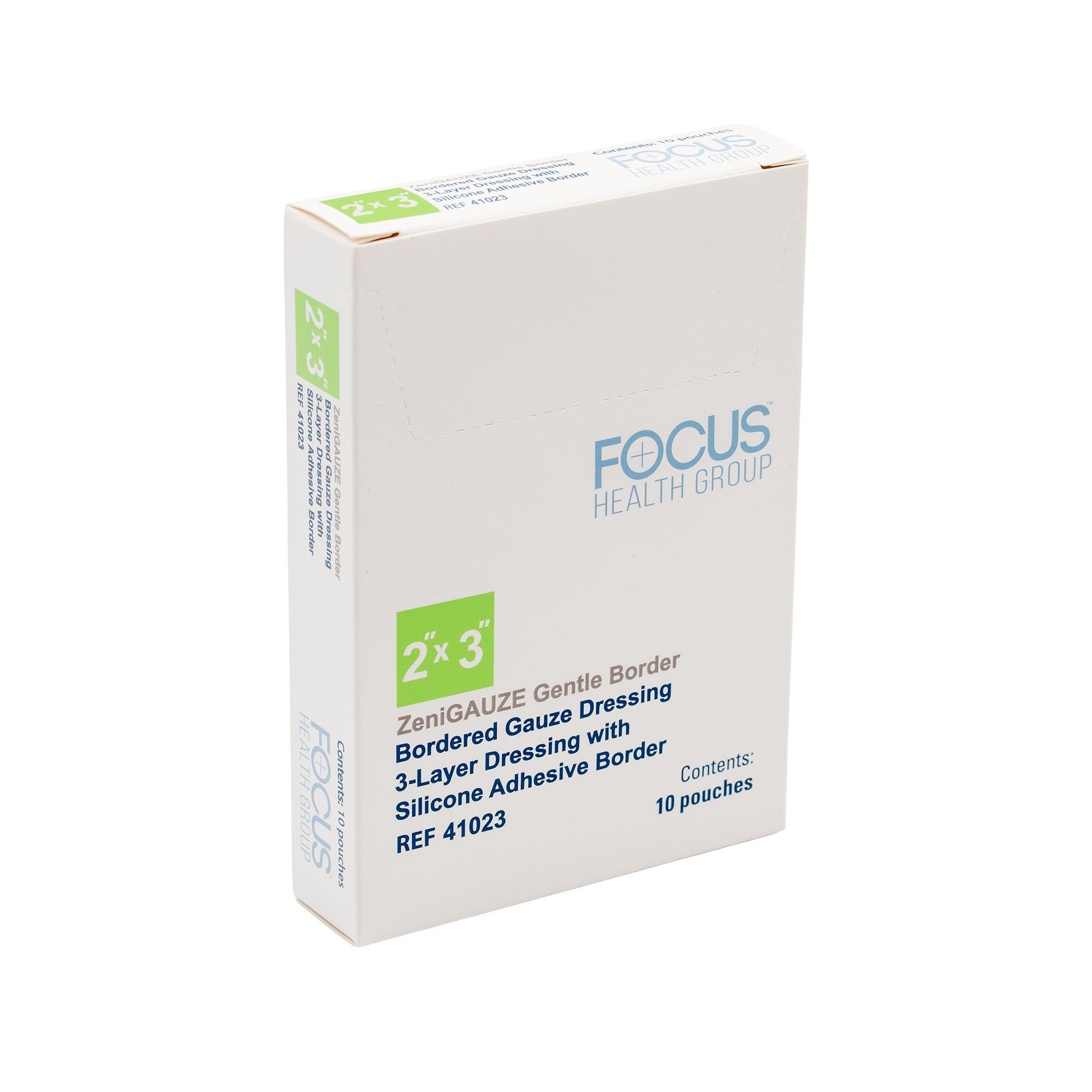 Focus Health Group - 41023 Composite Dressing ZeniGAUZE™ Gentle Border 2 X 3 Inch Rectangle Sterile Polyurethane Film Backing