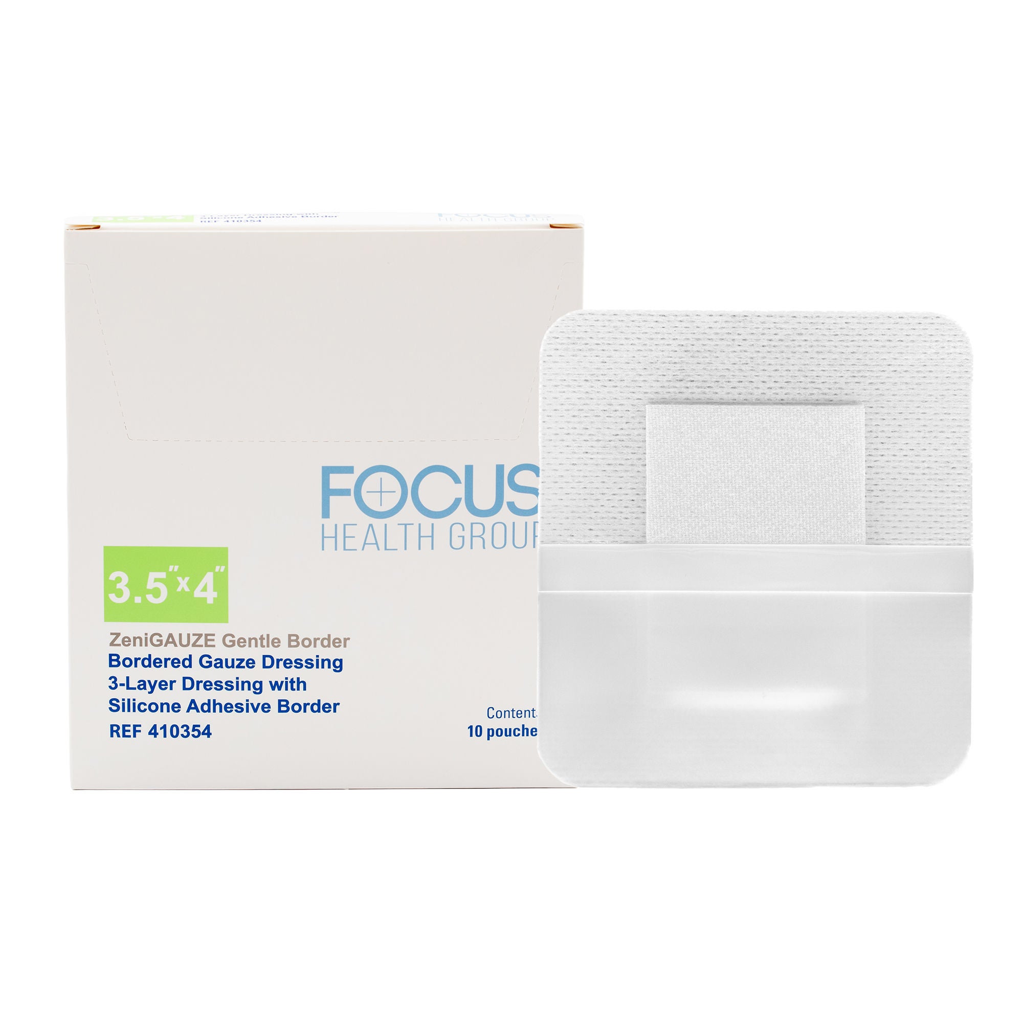 Focus Health Group - 410354 Composite Dressing ZeniGAUZE™ Gentle Border 3-1/2 X 4 Inch Rectangle Sterile Polyurethane Film Backing