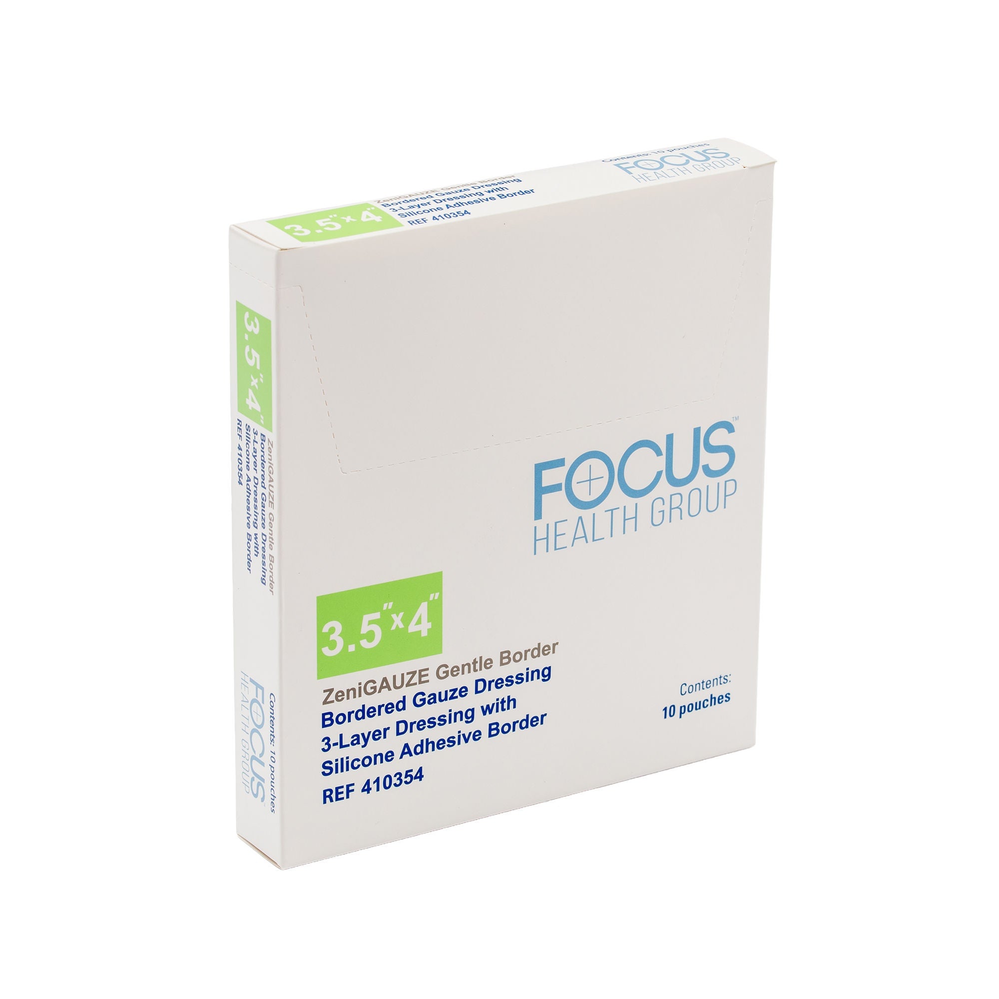 Focus Health Group - 410354 Composite Dressing ZeniGAUZE™ Gentle Border 3-1/2 X 4 Inch Rectangle Sterile Polyurethane Film Backing