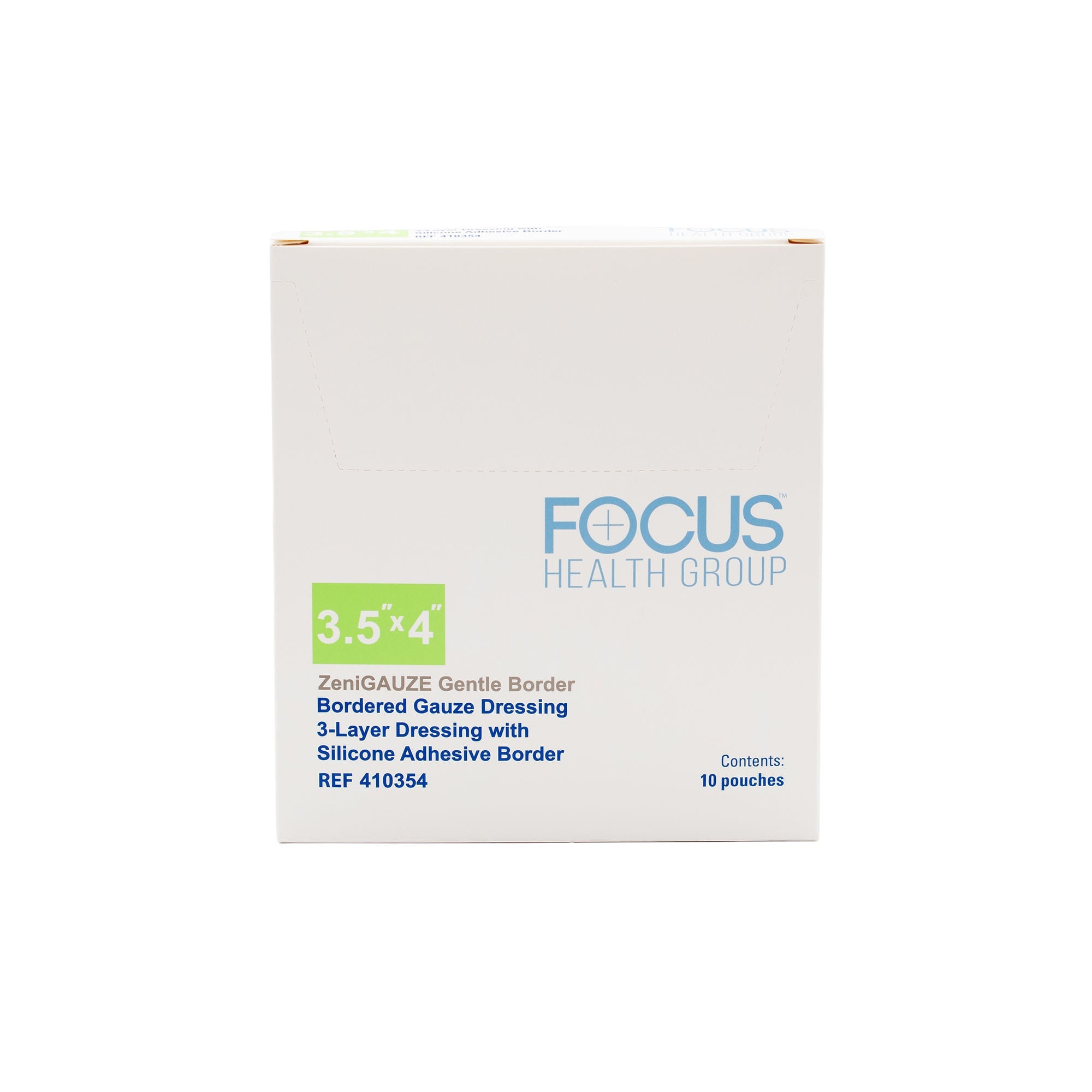 Focus Health Group - 410354 Composite Dressing ZeniGAUZE™ Gentle Border 3-1/2 X 4 Inch Rectangle Sterile Polyurethane Film Backing